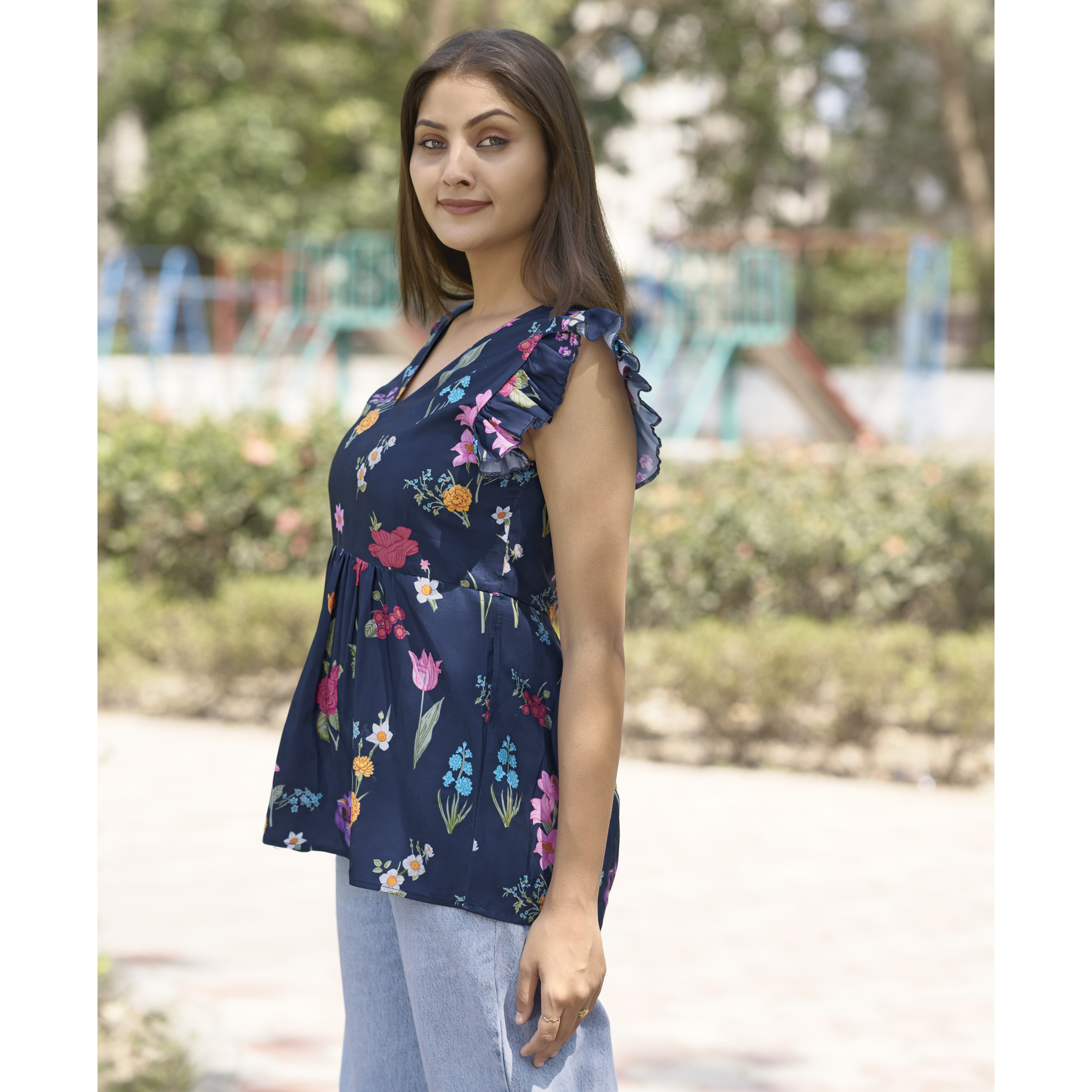 MOJILAA Women's Navy Blue Blend Rayon Floral & Leaf Printed Flared Top (Size S, Color Navy Blue)