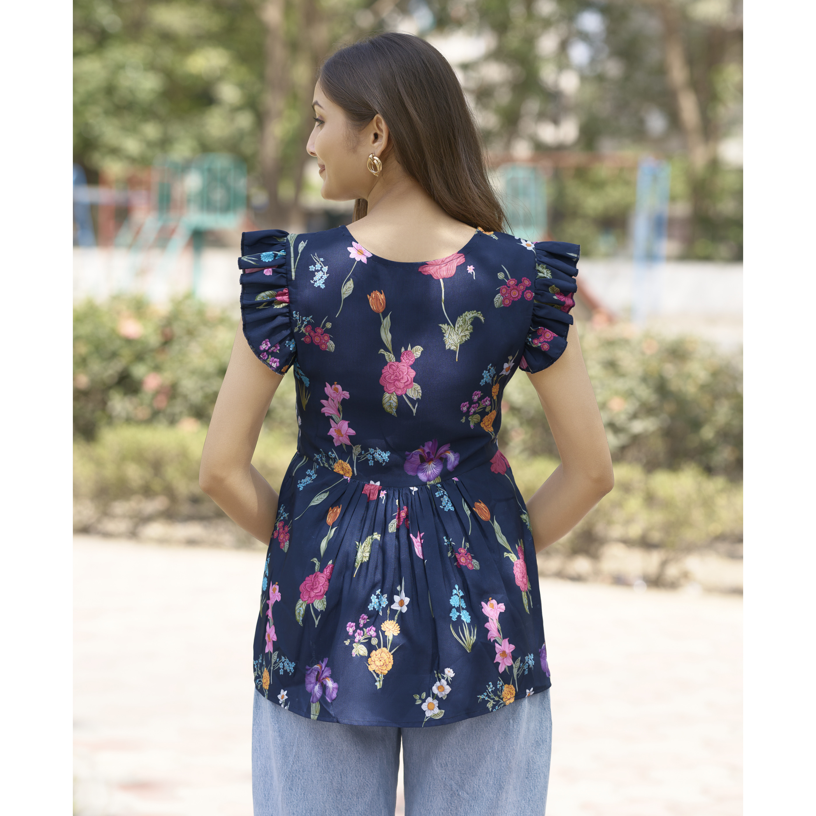 MOJILAA Women's Navy Blue Blend Rayon Floral & Leaf Printed Flared Top (Size S, Color Navy Blue)