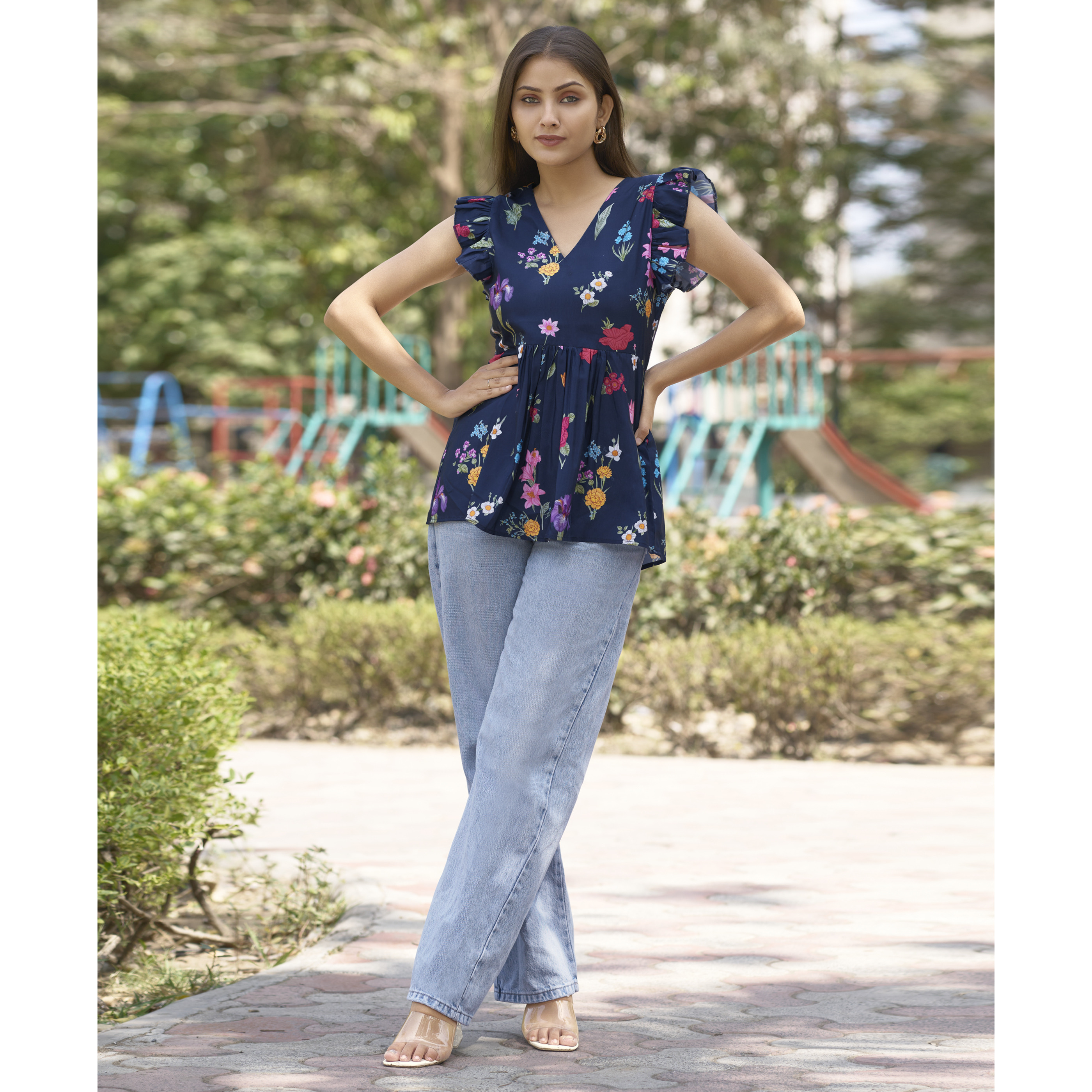 MOJILAA Women's Navy Blue Blend Rayon Floral & Leaf Printed Flared Top (Size S, Color Navy Blue)
