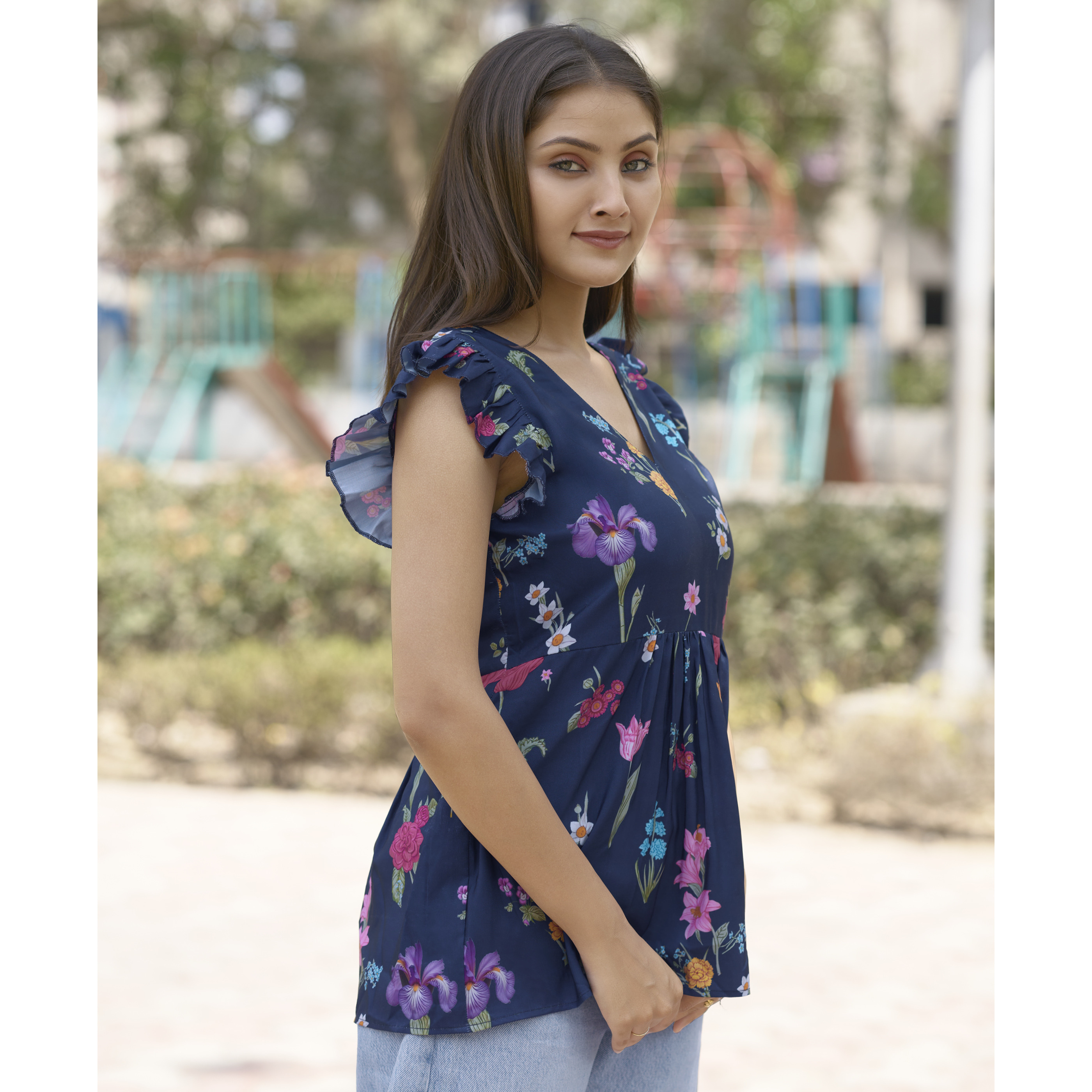 MOJILAA Women's Navy Blue Blend Rayon Floral & Leaf Printed Flared Top (Size S, Color Navy Blue)