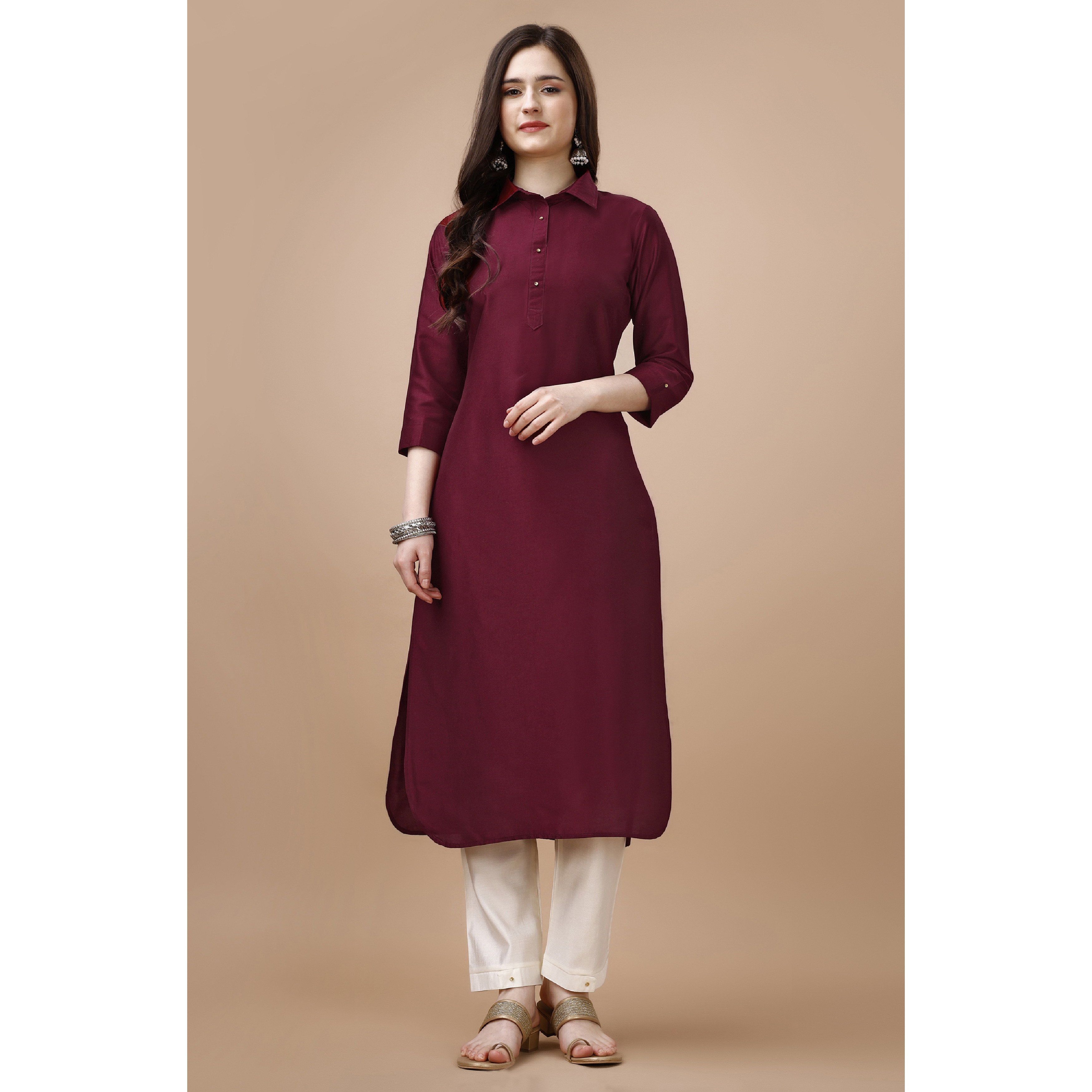 MOJILAA Women's Maroon Chinon Silk Solid Calf Length Straight Pathani Kurta (Size S, Color Maroon)