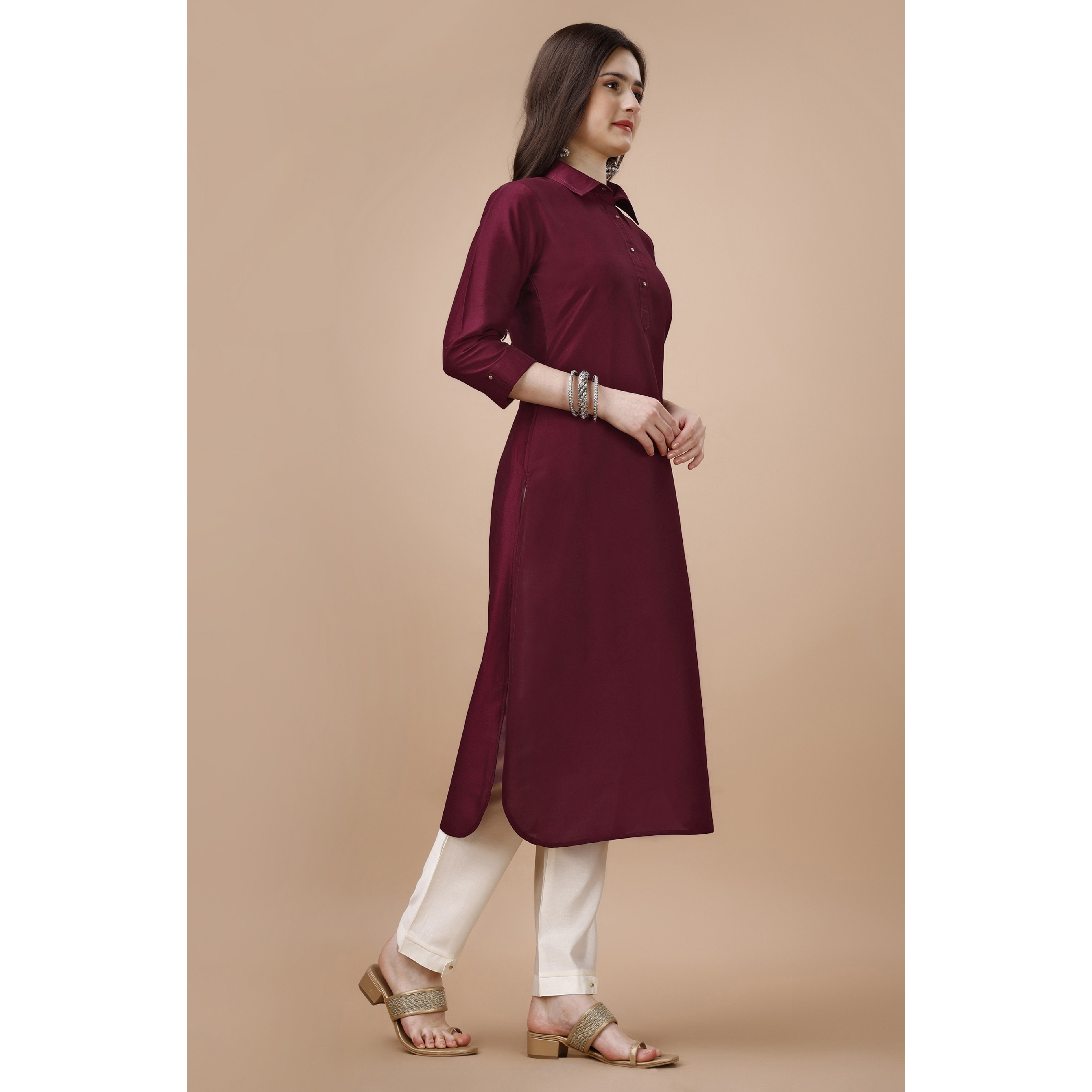 MOJILAA Women's Maroon Chinon Silk Solid Calf Length Straight Pathani Kurta (Size S, Color Maroon)