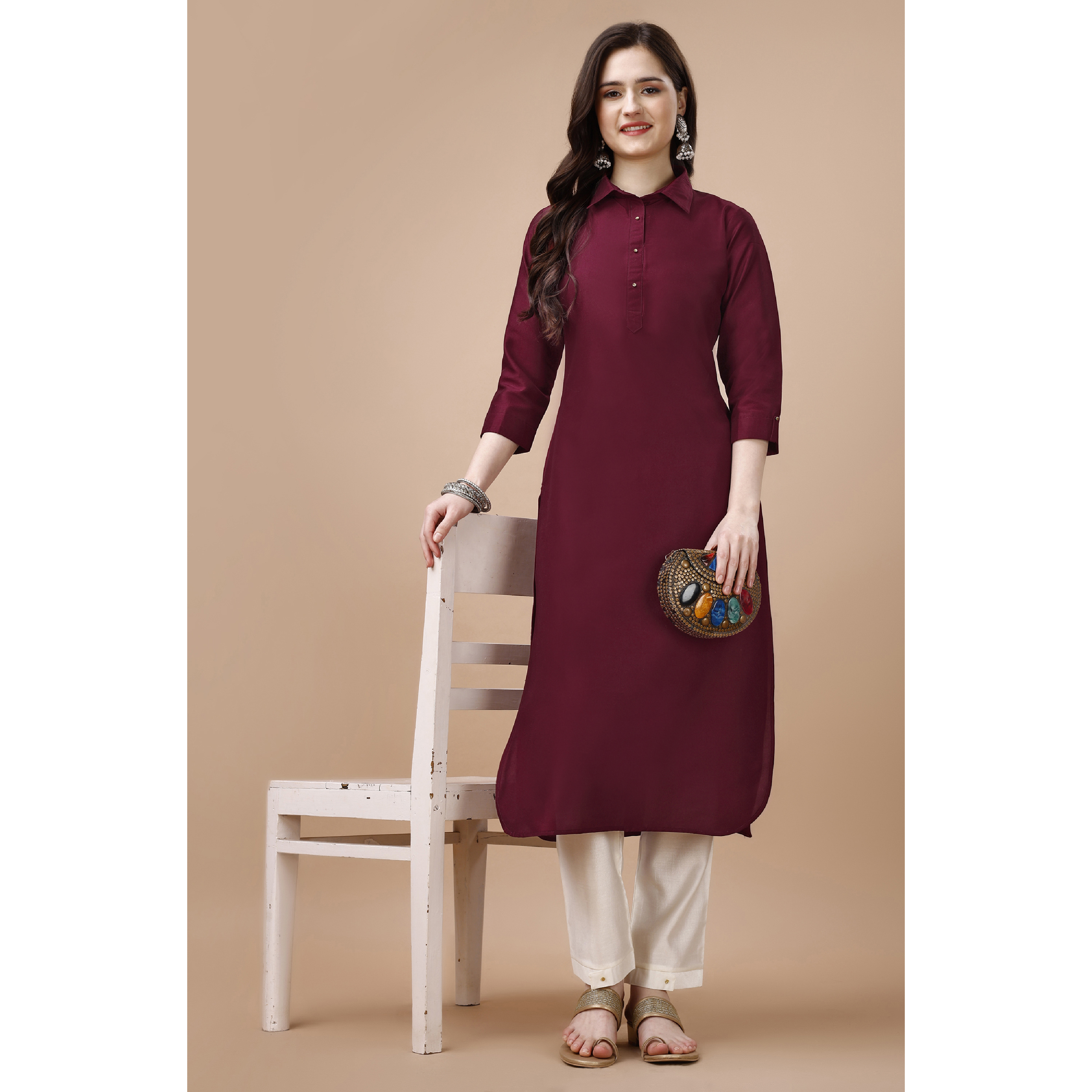 MOJILAA Women's Maroon Chinon Silk Solid Calf Length Straight Pathani Kurta (Size S, Color Maroon)