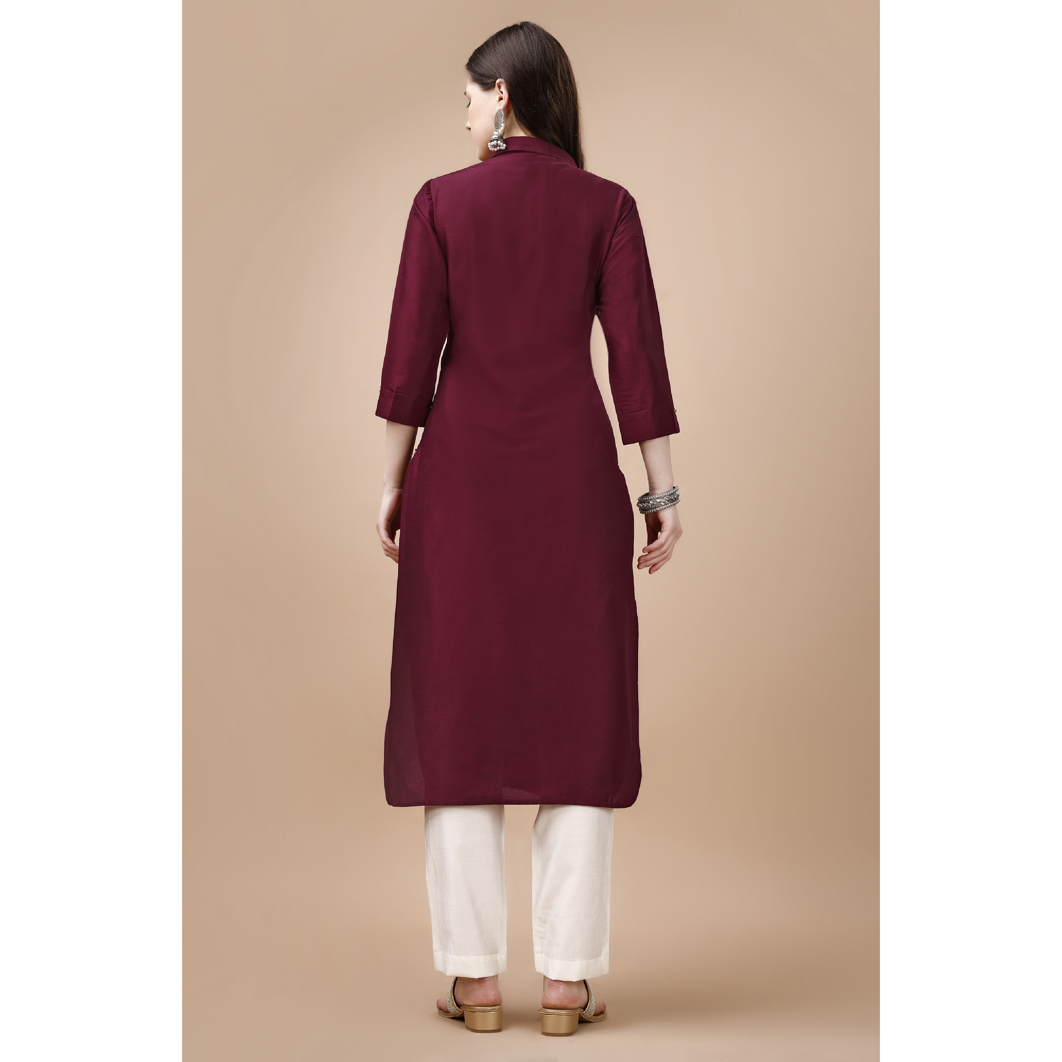 MOJILAA Women's Maroon Chinon Silk Solid Calf Length Straight Pathani Kurta (Size S, Color Maroon)