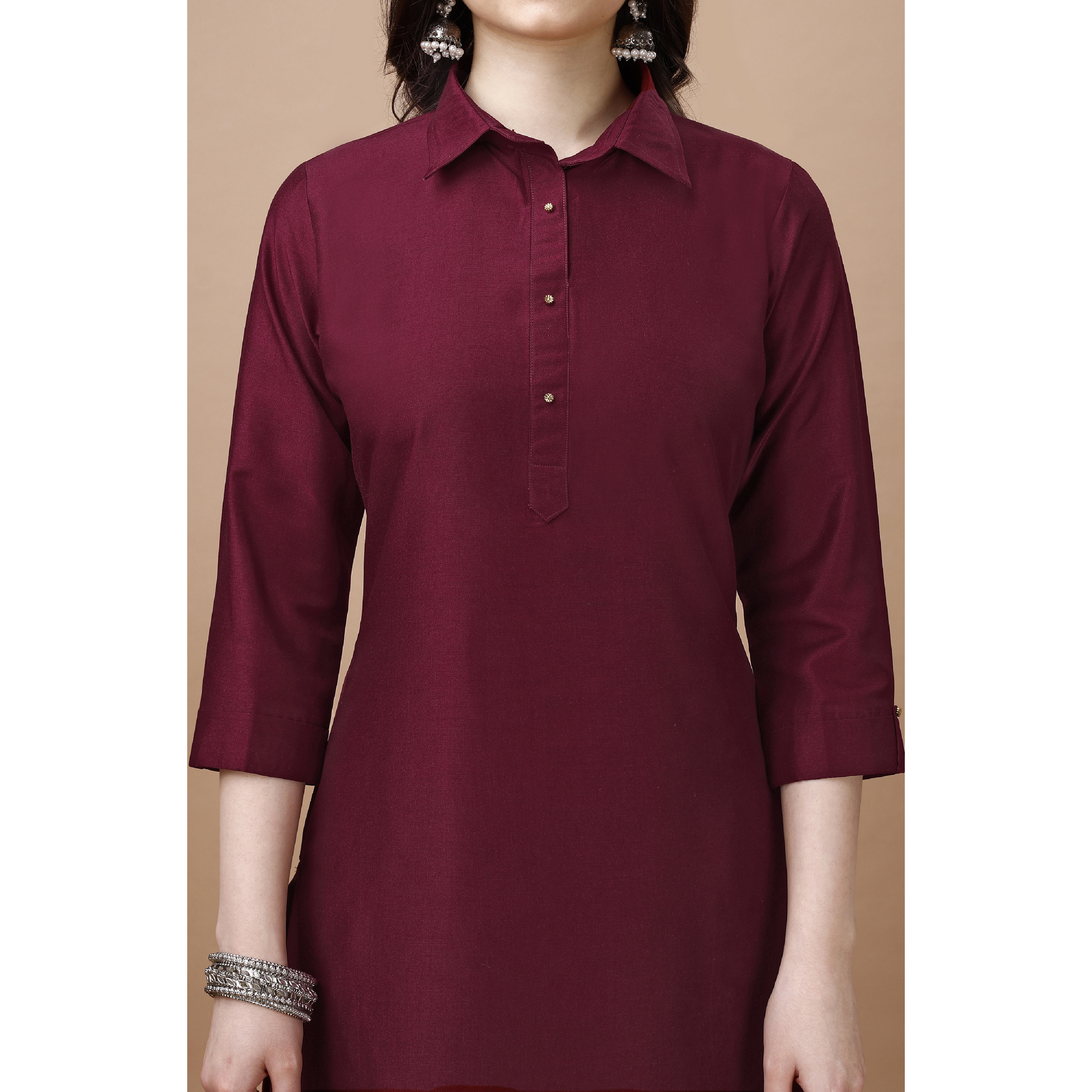 MOJILAA Women's Maroon Chinon Silk Solid Calf Length Straight Pathani Kurta (Size S, Color Maroon)