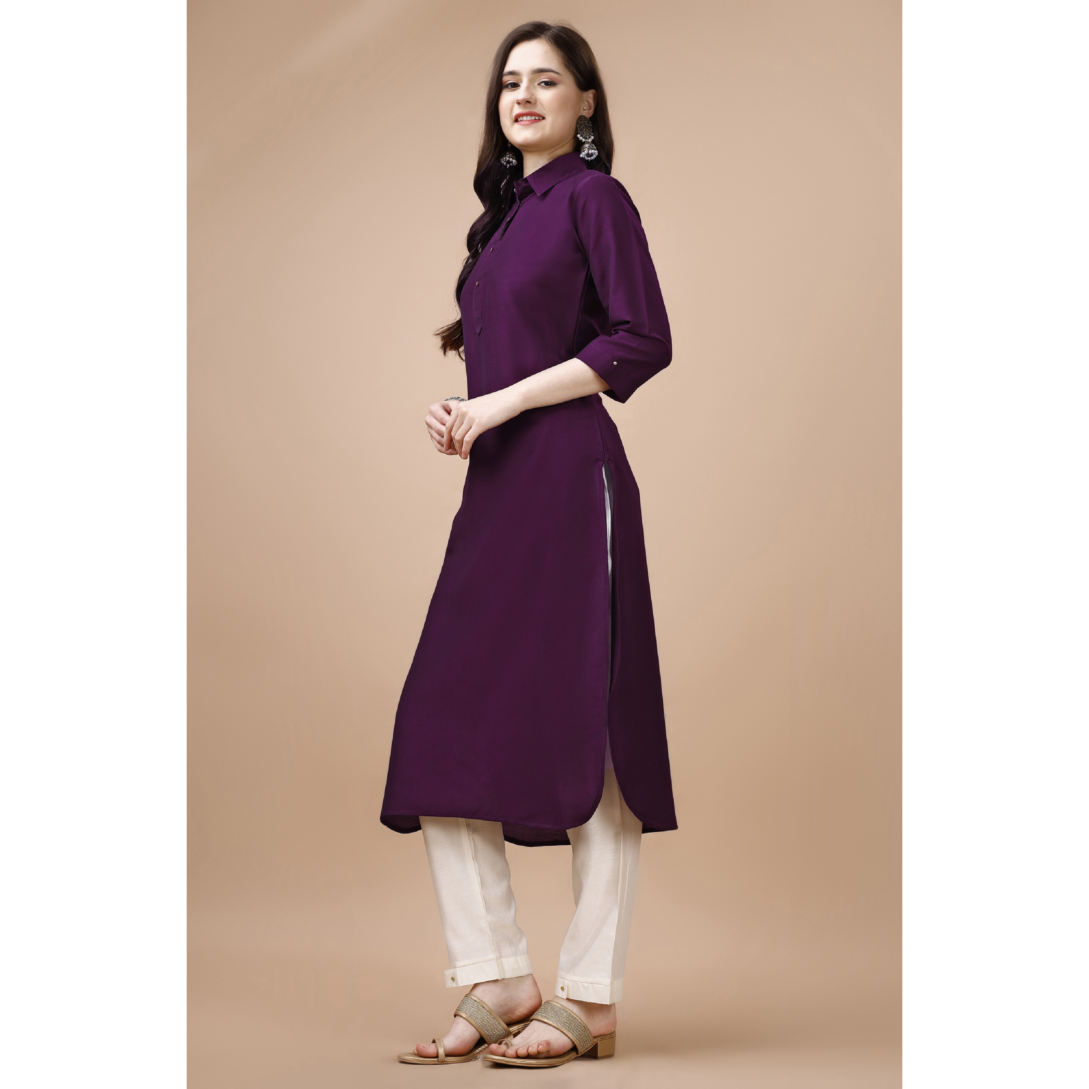 MOJILAA Women's Purple Chinon Silk Solid Calf Length Straight Pathani Kurta (Size S, Color Purple)