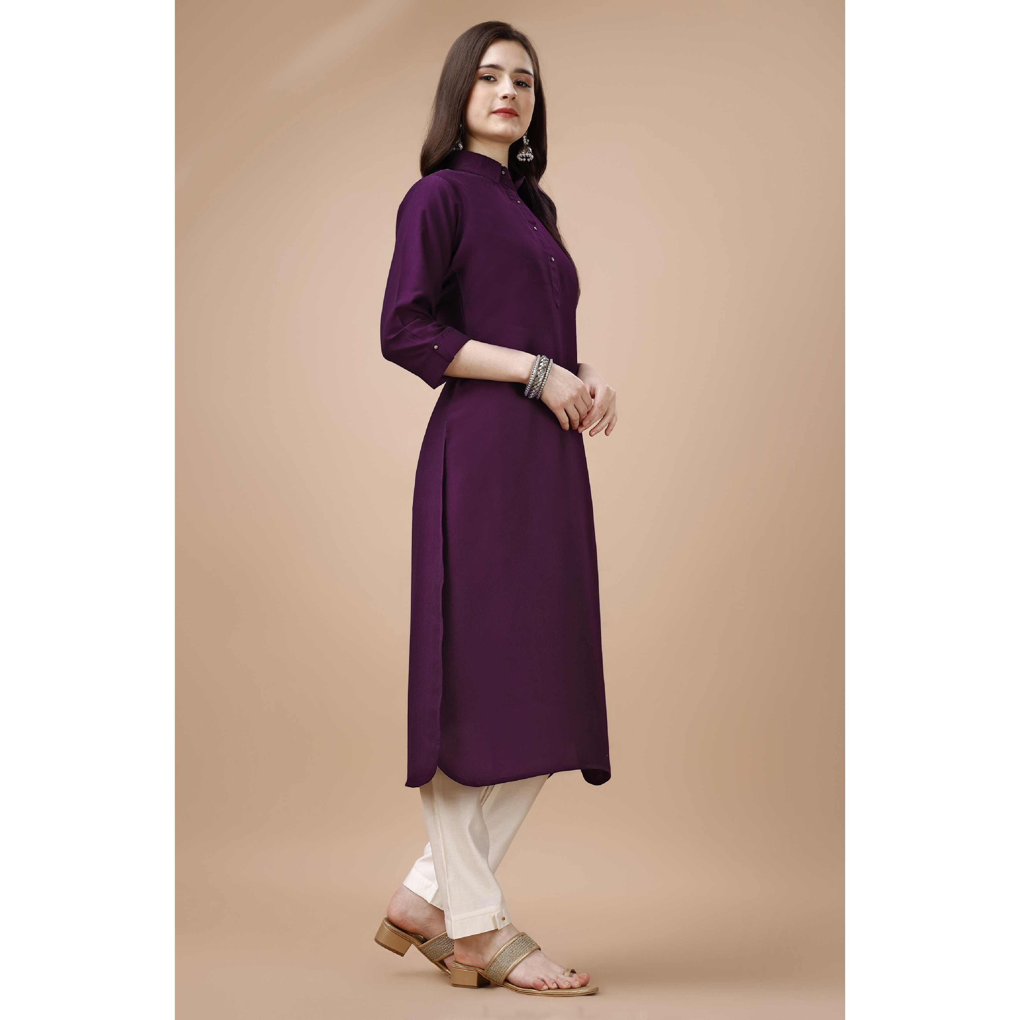 MOJILAA Women's Purple Chinon Silk Solid Calf Length Straight Pathani Kurta (Size S, Color Purple)