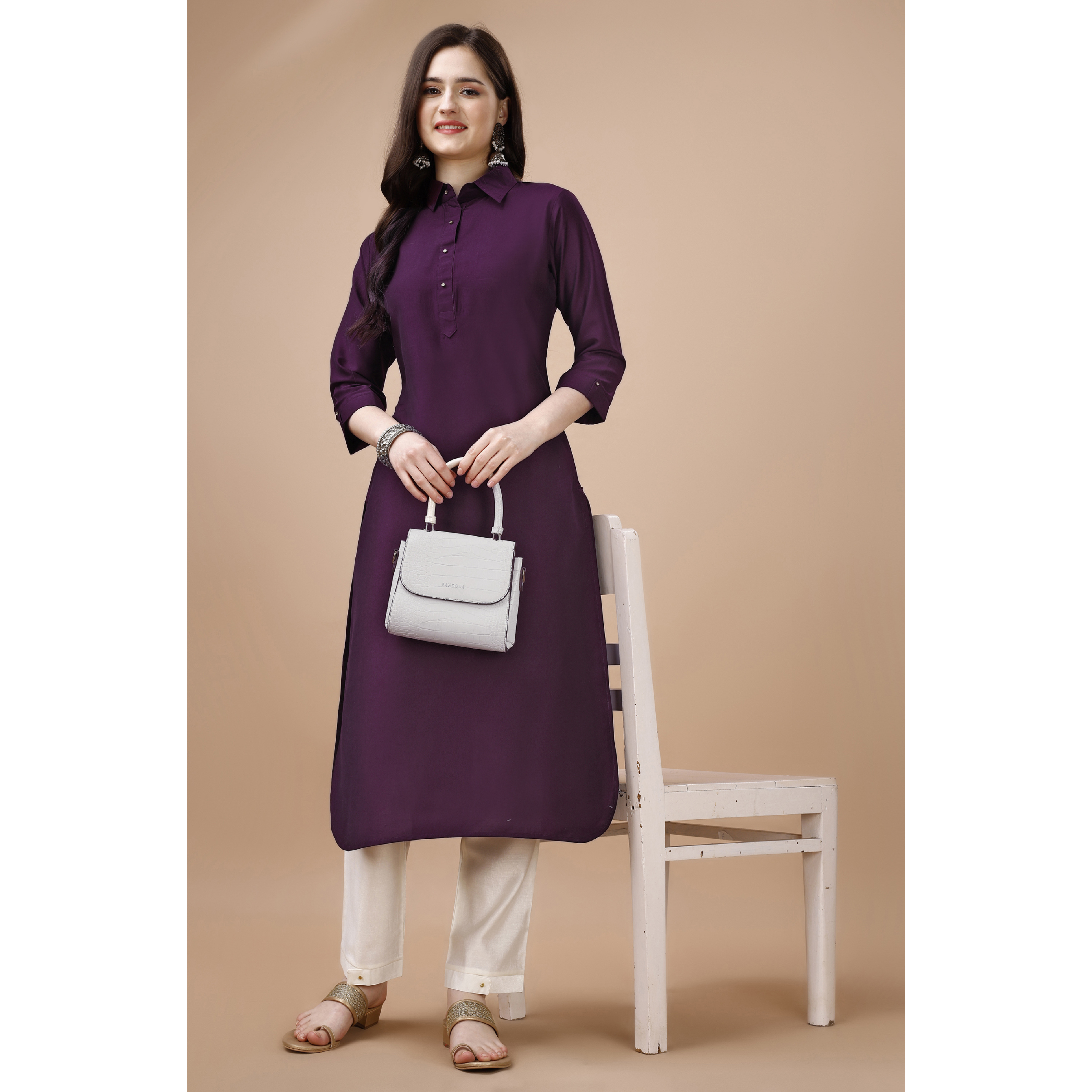 MOJILAA Women's Purple Chinon Silk Solid Calf Length Straight Pathani Kurta (Size S, Color Purple)