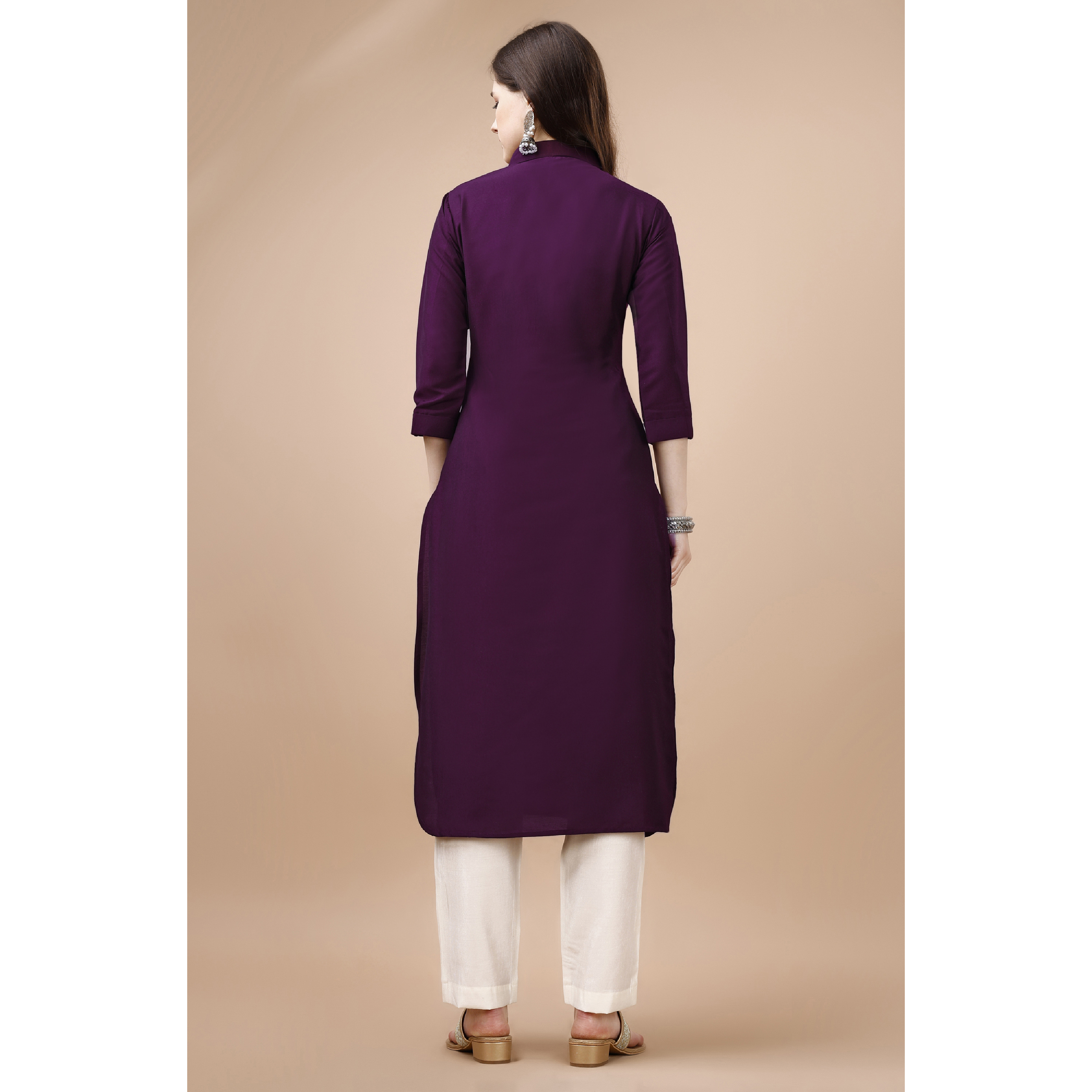 MOJILAA Women's Purple Chinon Silk Solid Calf Length Straight Pathani Kurta (Size S, Color Purple)