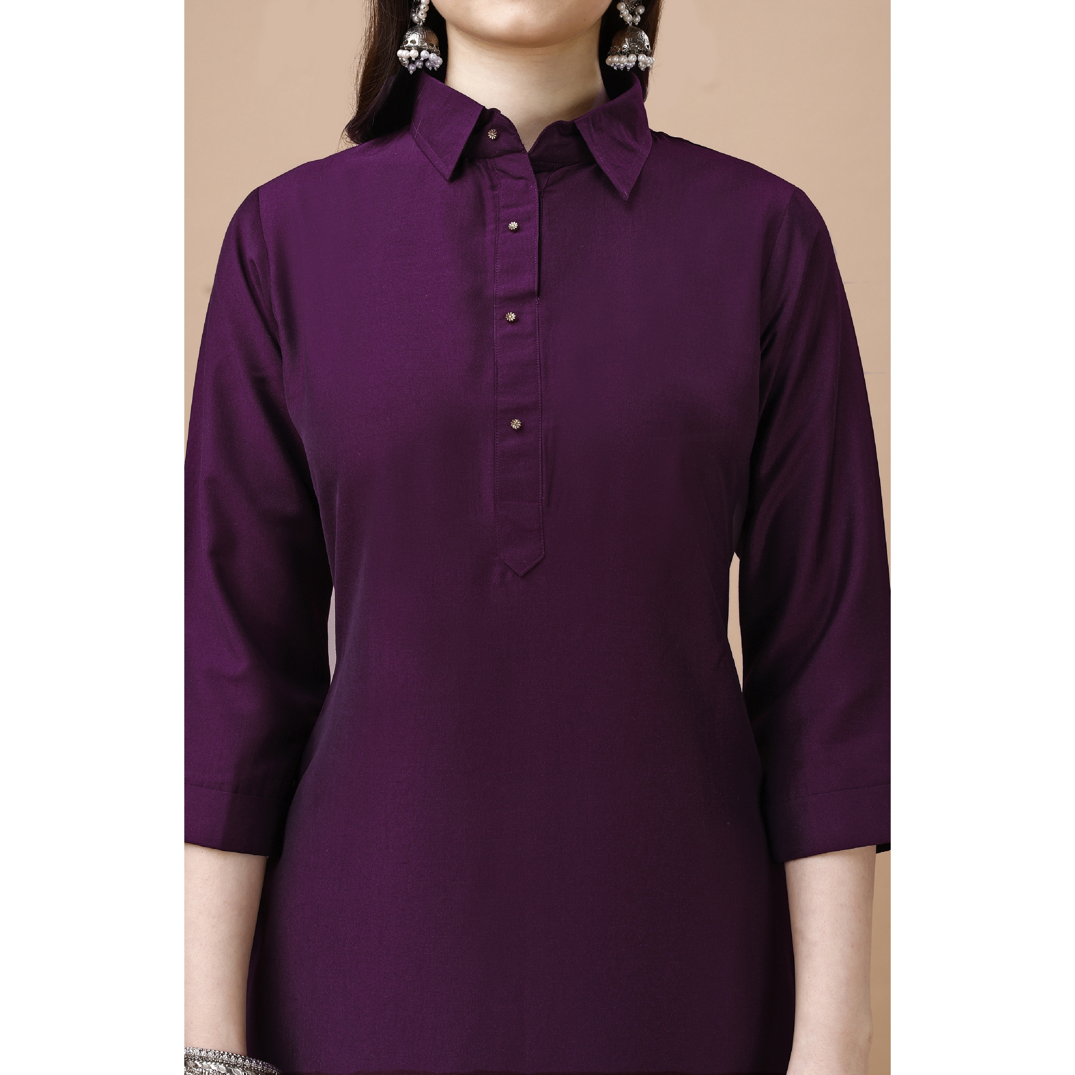MOJILAA Women's Purple Chinon Silk Solid Calf Length Straight Pathani Kurta (Size S, Color Purple)