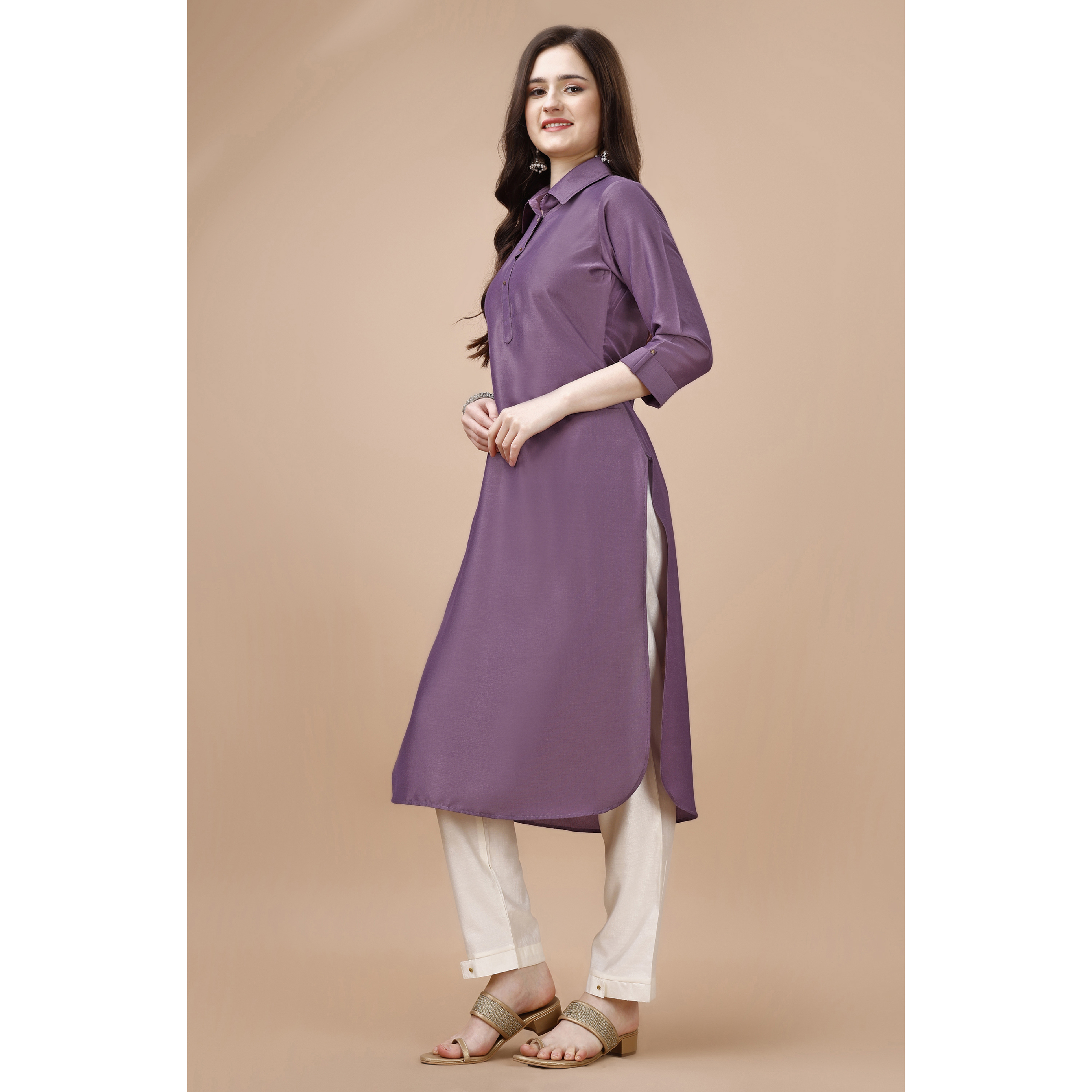 MOJILAA Women's Lavender Chinon Silk Solid Calf Length Straight Pathani Kurta (Size S, Color Lavender)