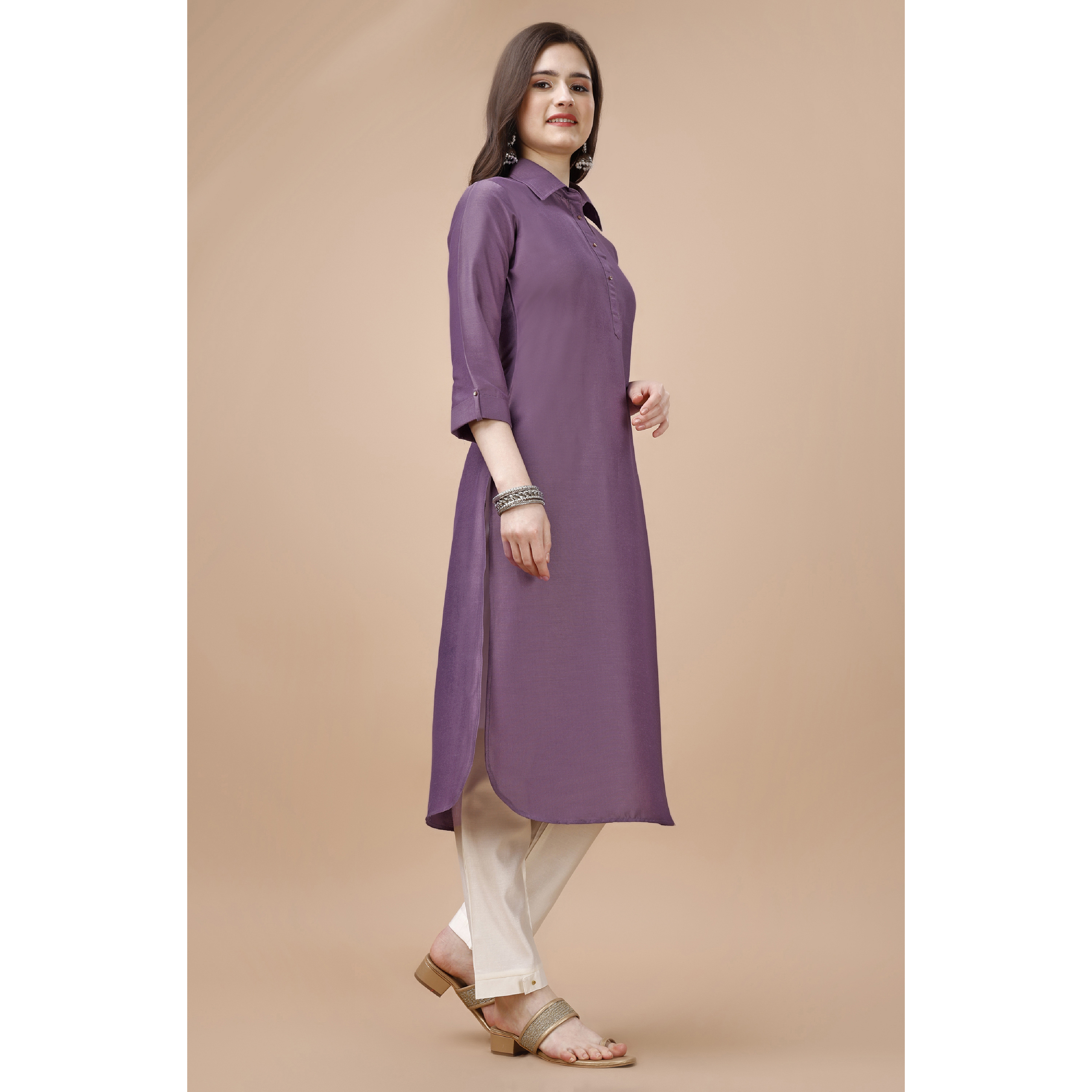 MOJILAA Women's Lavender Chinon Silk Solid Calf Length Straight Pathani Kurta (Size S, Color Lavender)