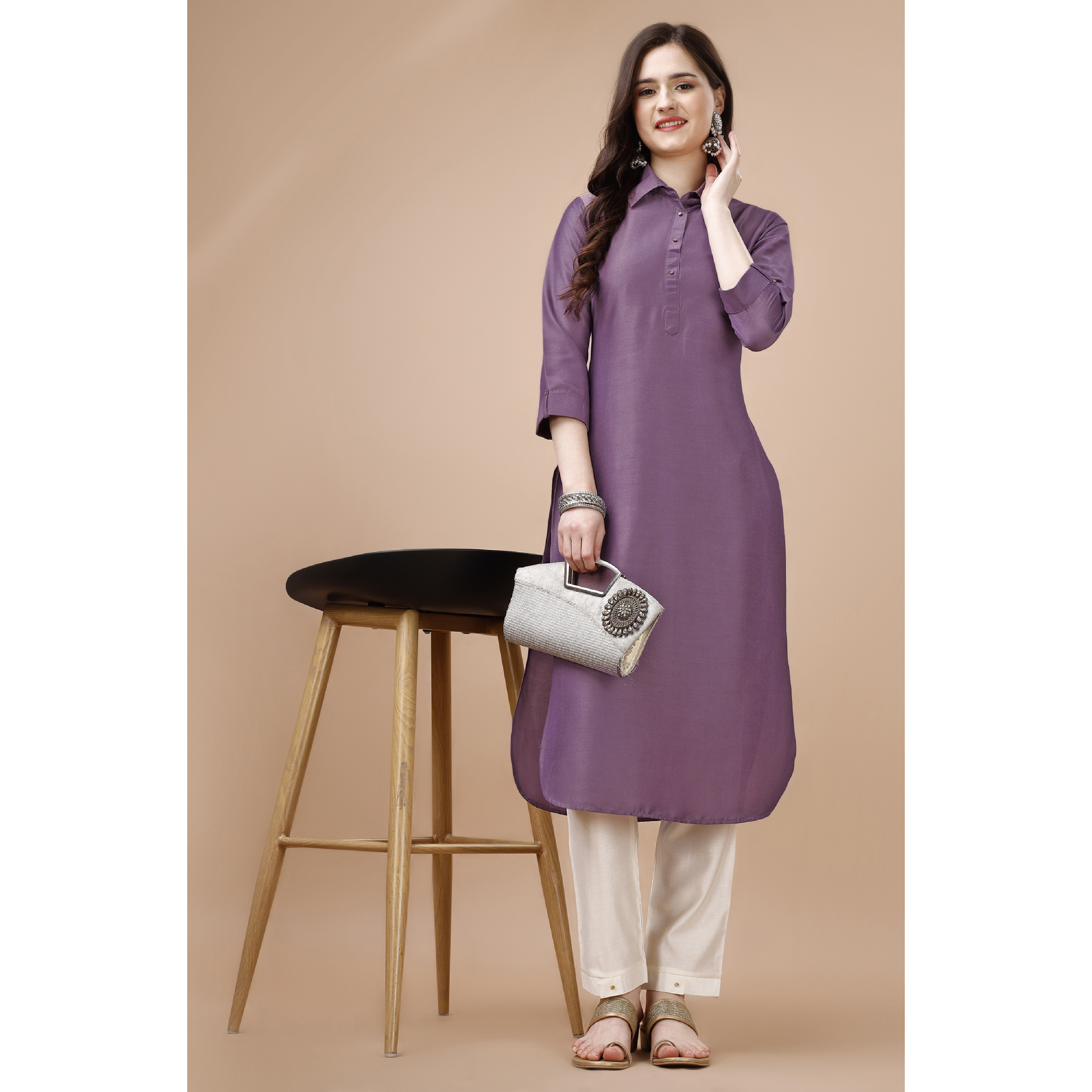 MOJILAA Women's Lavender Chinon Silk Solid Calf Length Straight Pathani Kurta (Size S, Color Lavender)