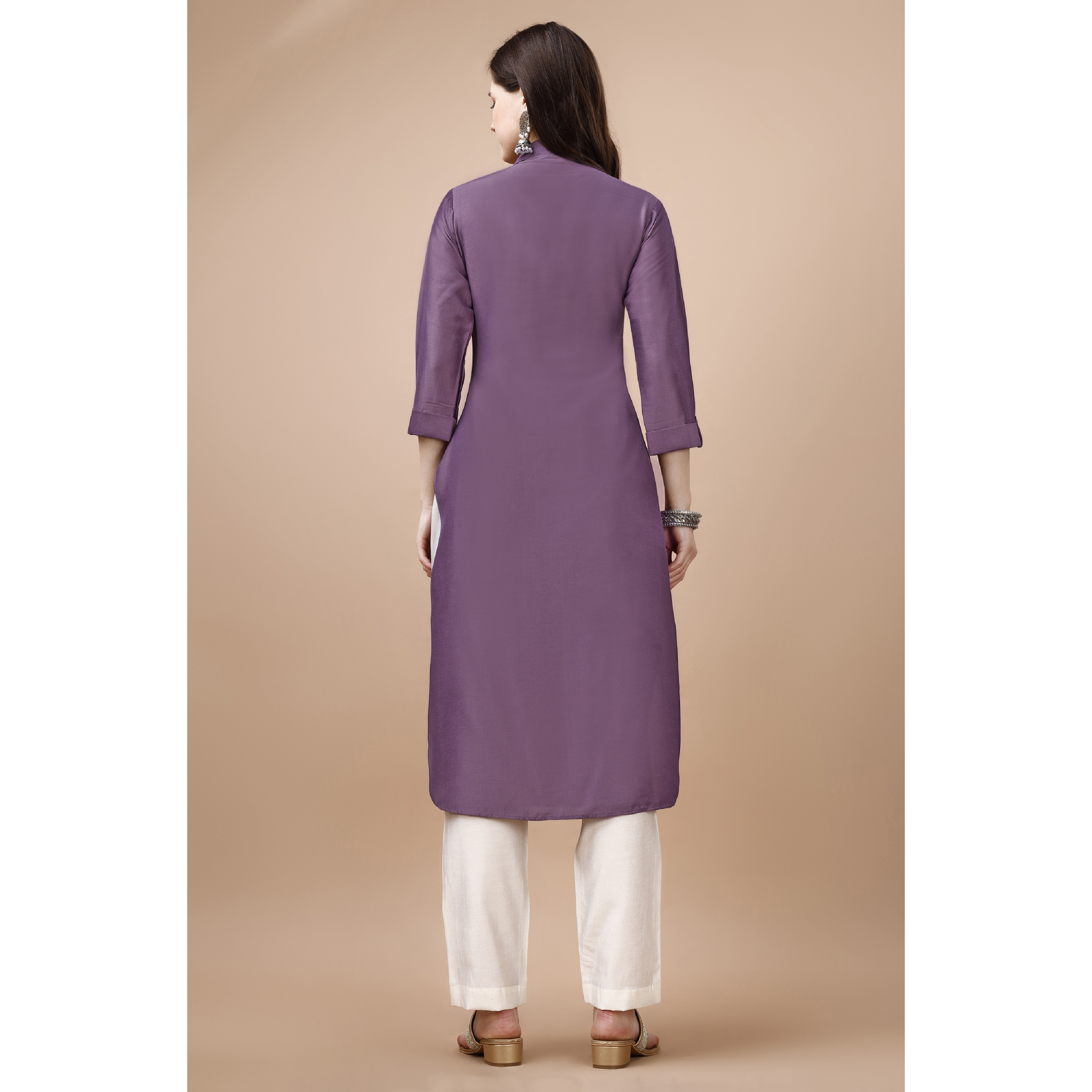 MOJILAA Women's Lavender Chinon Silk Solid Calf Length Straight Pathani Kurta (Size S, Color Lavender)