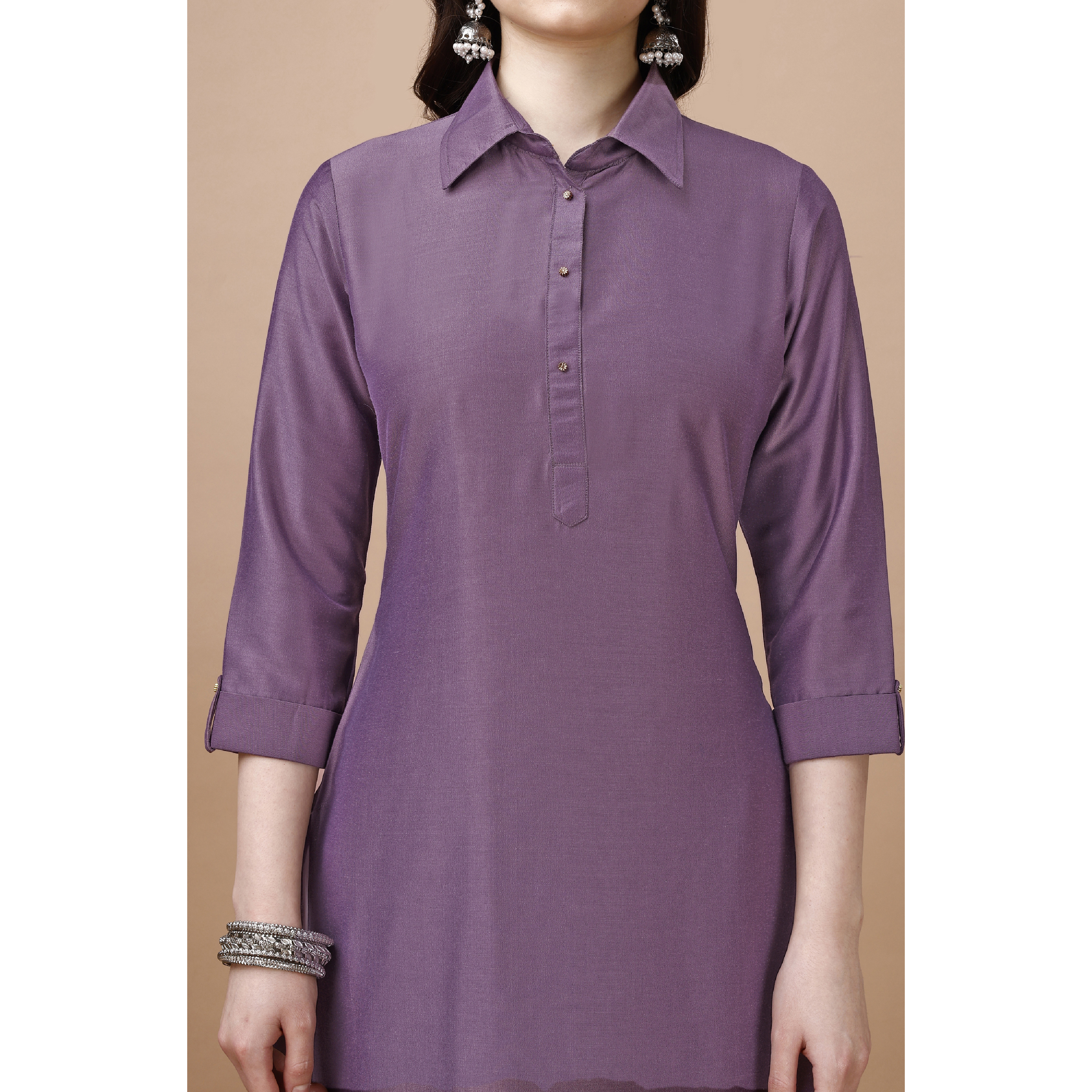 MOJILAA Women's Lavender Chinon Silk Solid Calf Length Straight Pathani Kurta (Size S, Color Lavender)
