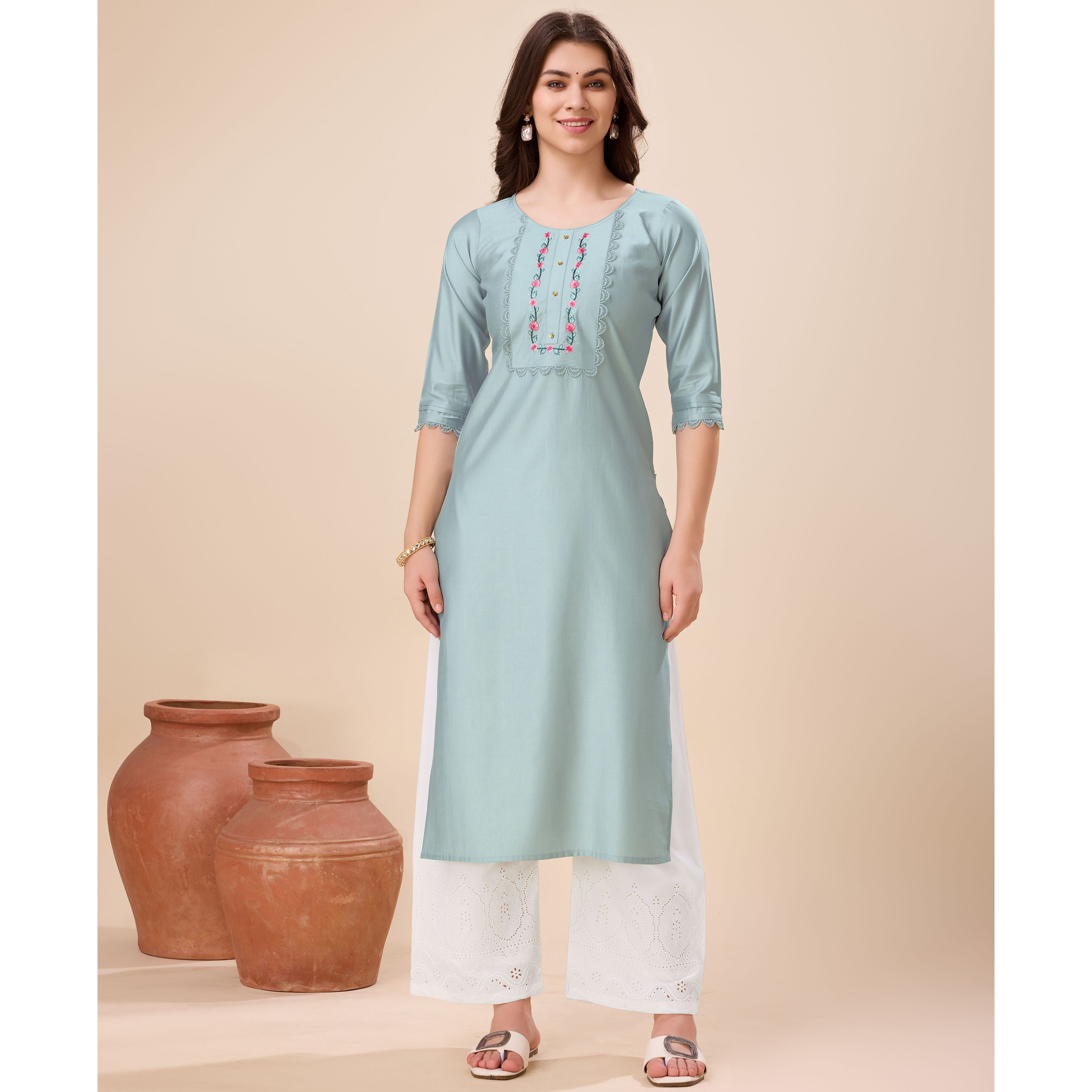 MOJILAA Women's Grey Viscose Floral Embroidered Straight Kurta