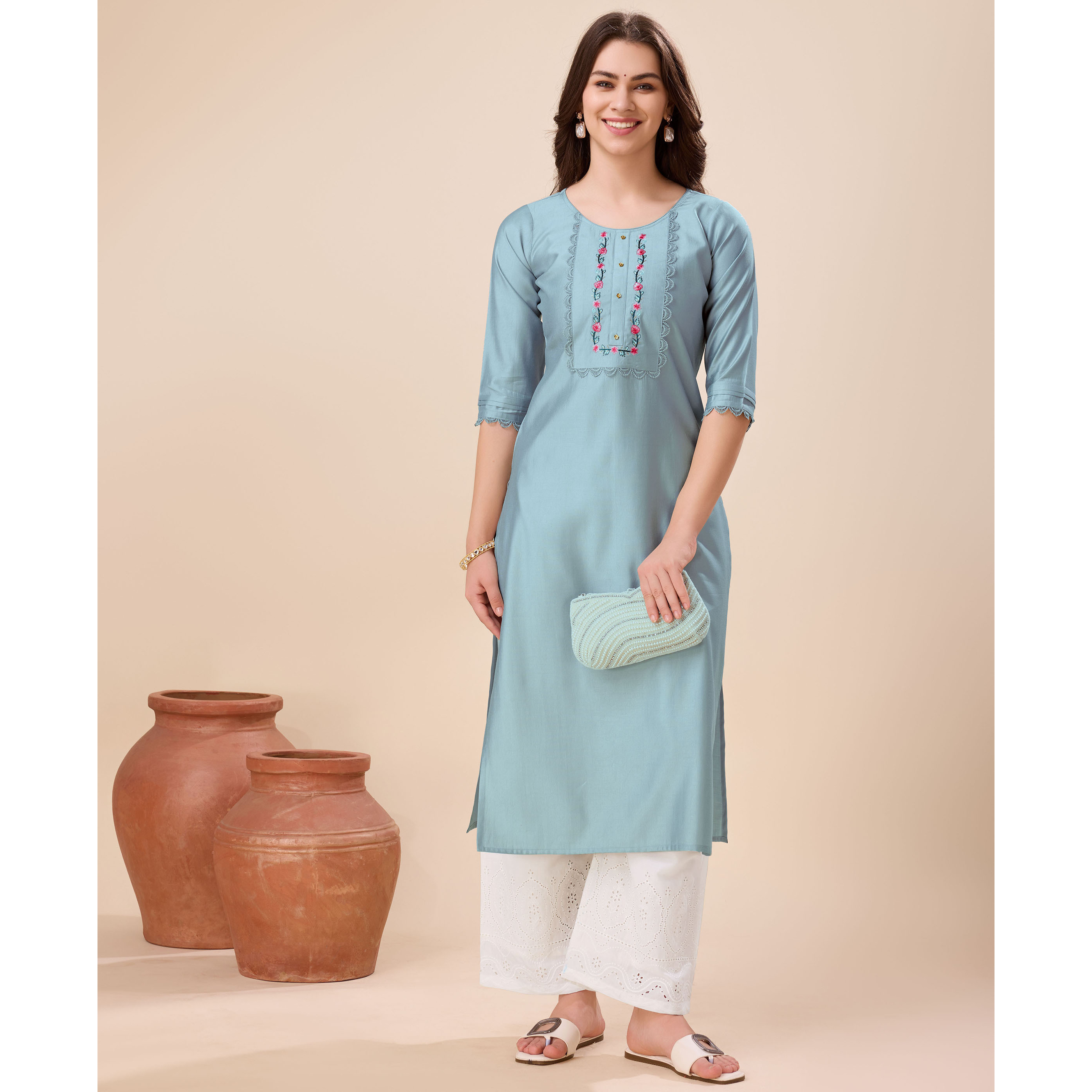 MOJILAA Women's Grey Viscose Floral Embroidered Straight Kurta (Size S, Color Grey)
