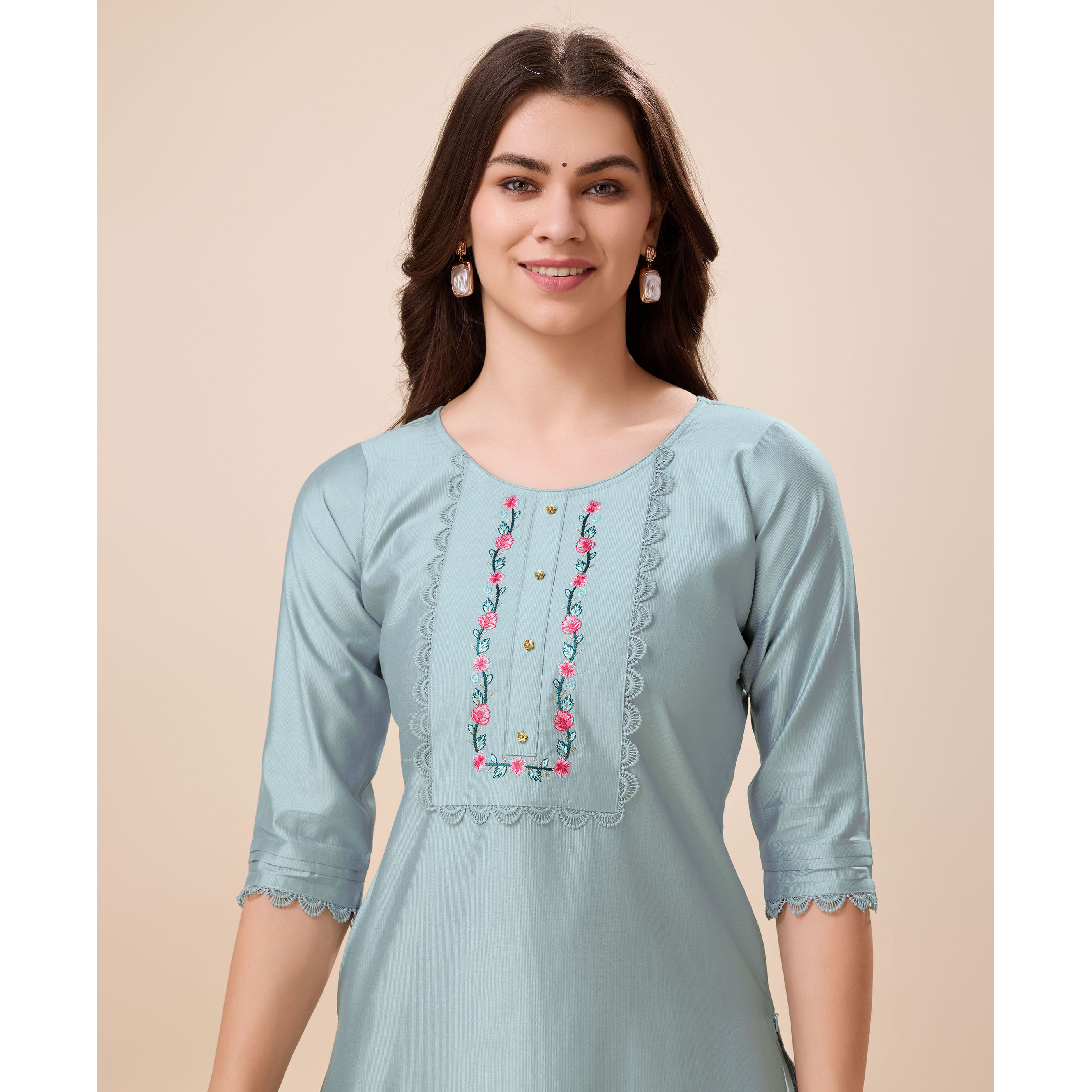 MOJILAA Women's Grey Viscose Floral Embroidered Straight Kurta (Size S, Color Grey)