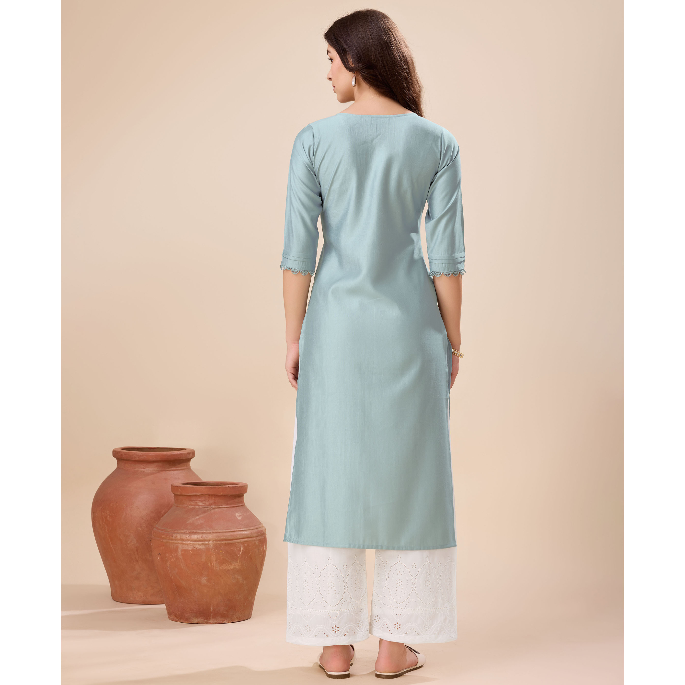 MOJILAA Women's Grey Viscose Floral Embroidered Straight Kurta (Size S, Color Grey)