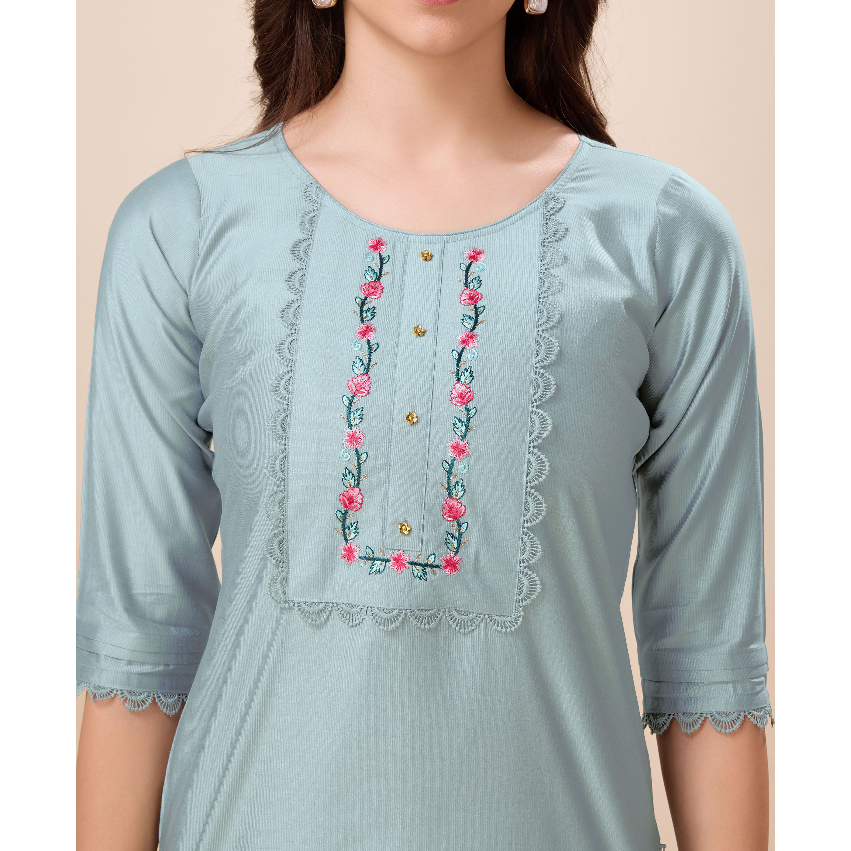 MOJILAA Women's Grey Viscose Floral Embroidered Straight Kurta (Size S, Color Grey)