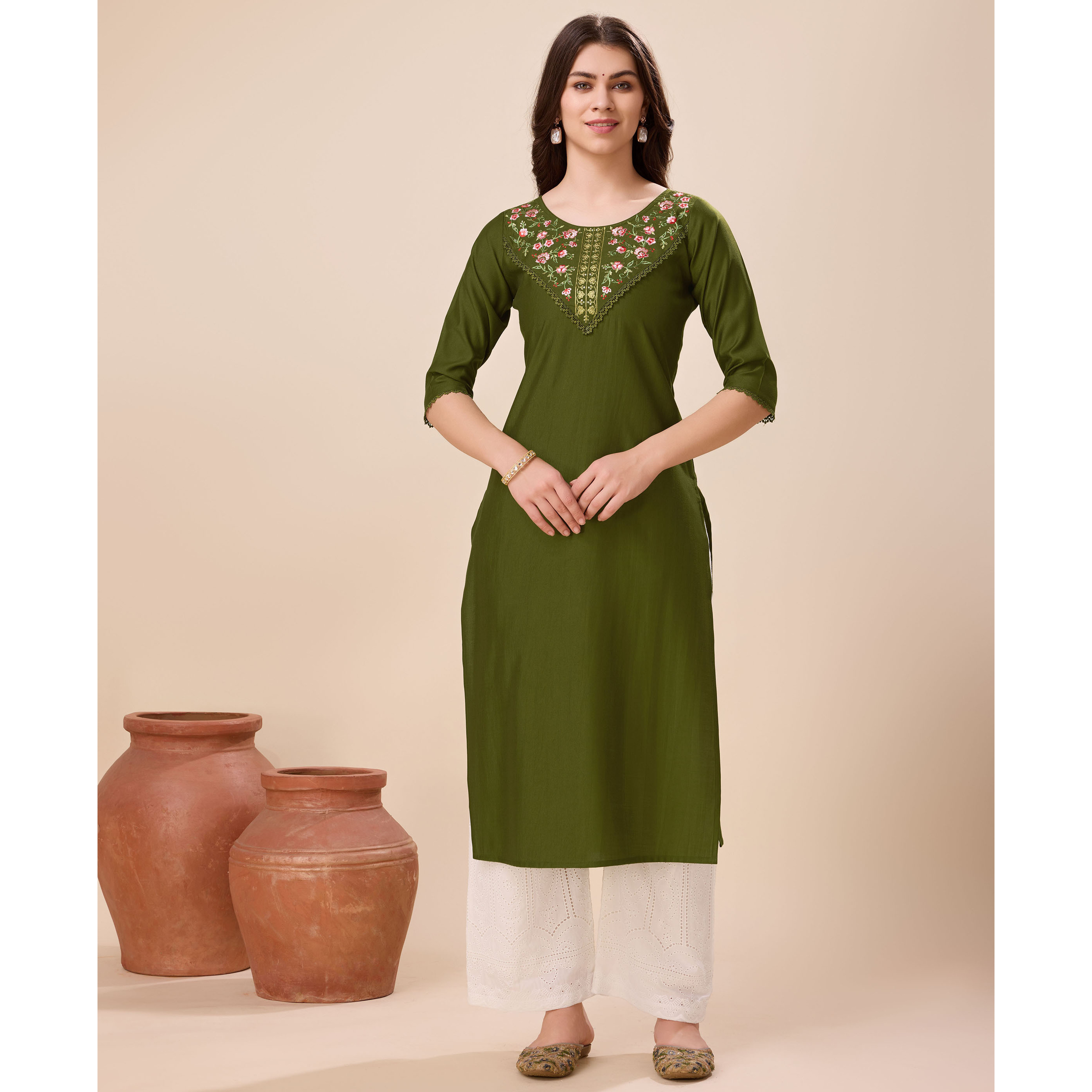 MOJILAA Women's Green Viscose Floral Embroidered Straight Kurta