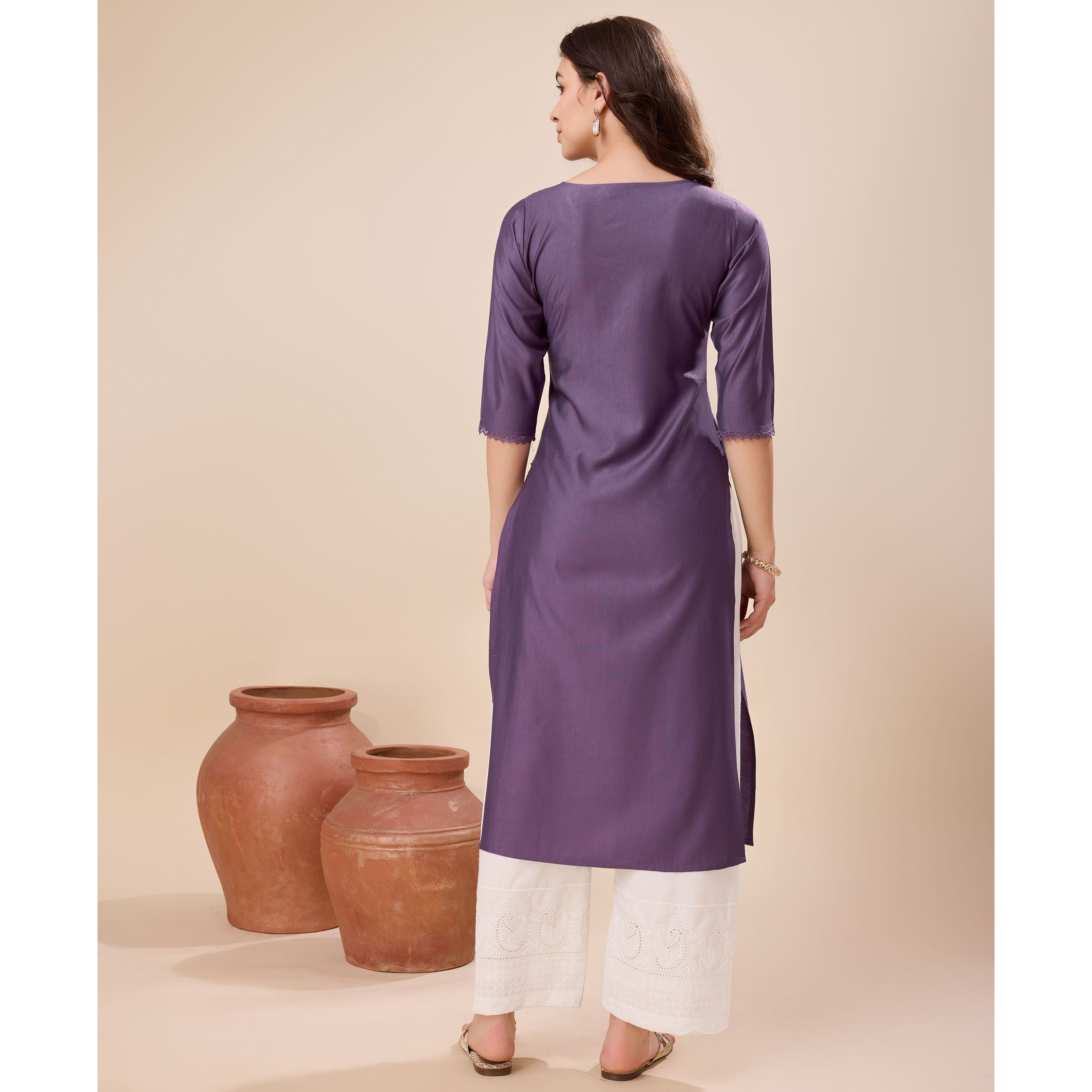 MOJILAA Women's Mauve Viscose Floral Embroidered Straight Kurta (Size S, Color Mauve)