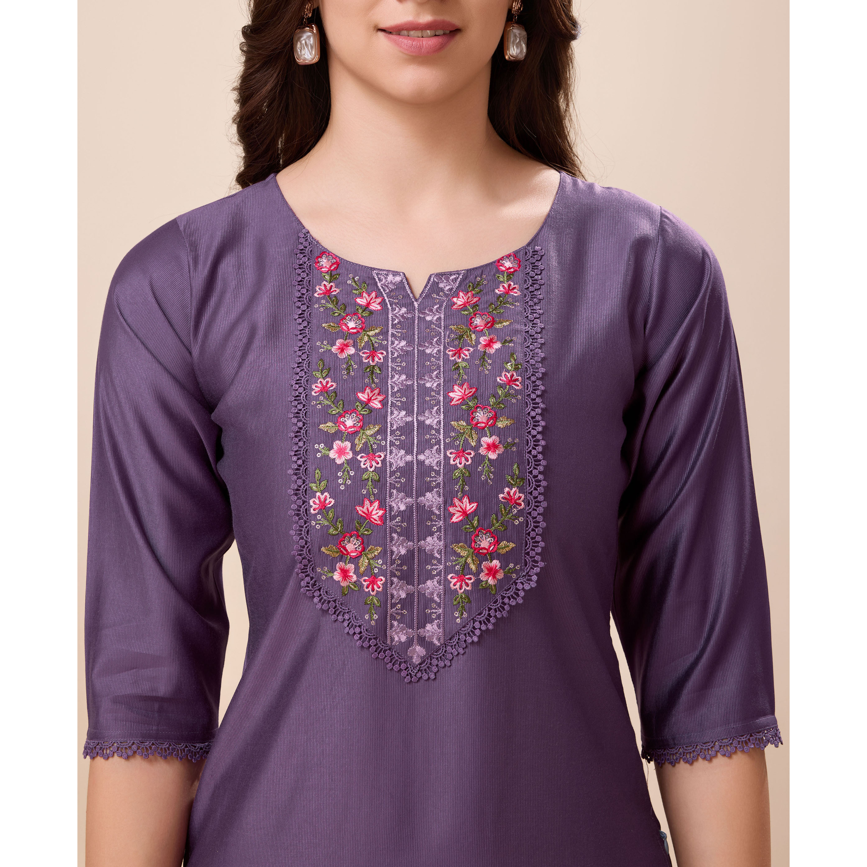 MOJILAA Women's Mauve Viscose Floral Embroidered Straight Kurta (Size S, Color Mauve)