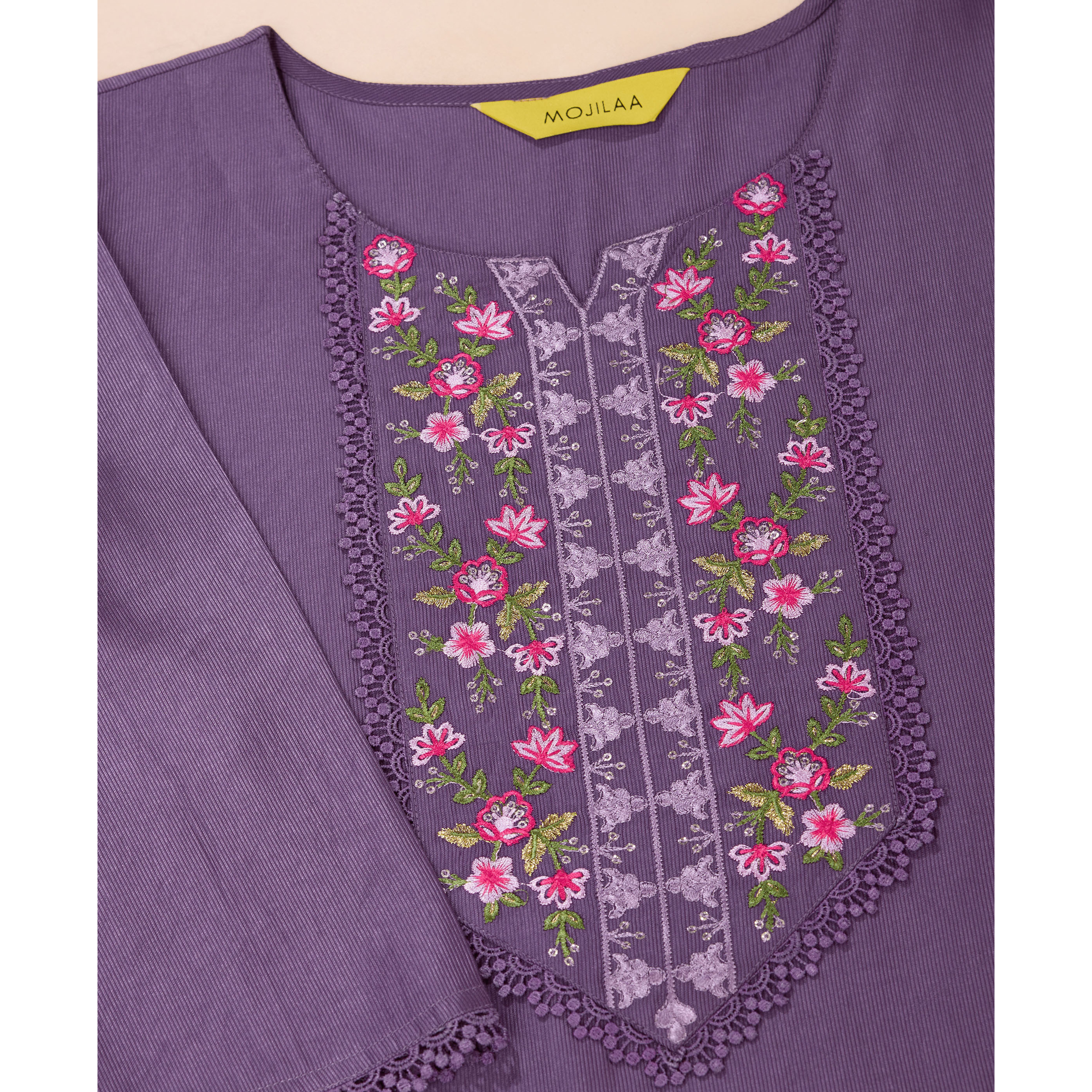 MOJILAA Women's Mauve Viscose Floral Embroidered Straight Kurta (Size S, Color Mauve)