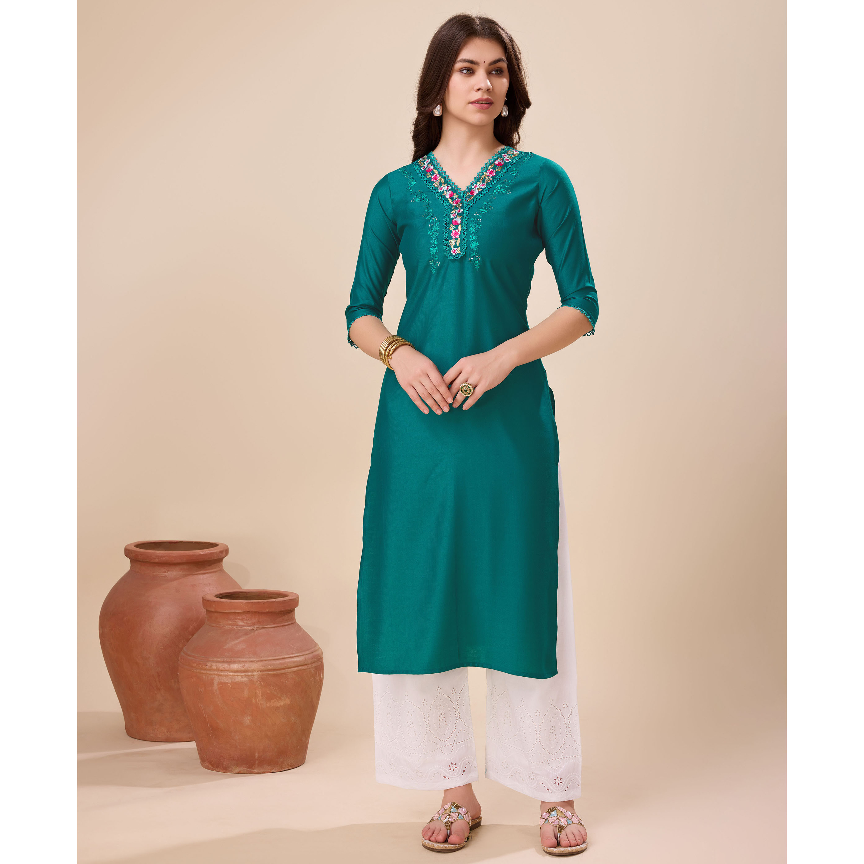 MOJILAA Women's Green Viscose Floral Embroidered Straight Kurta