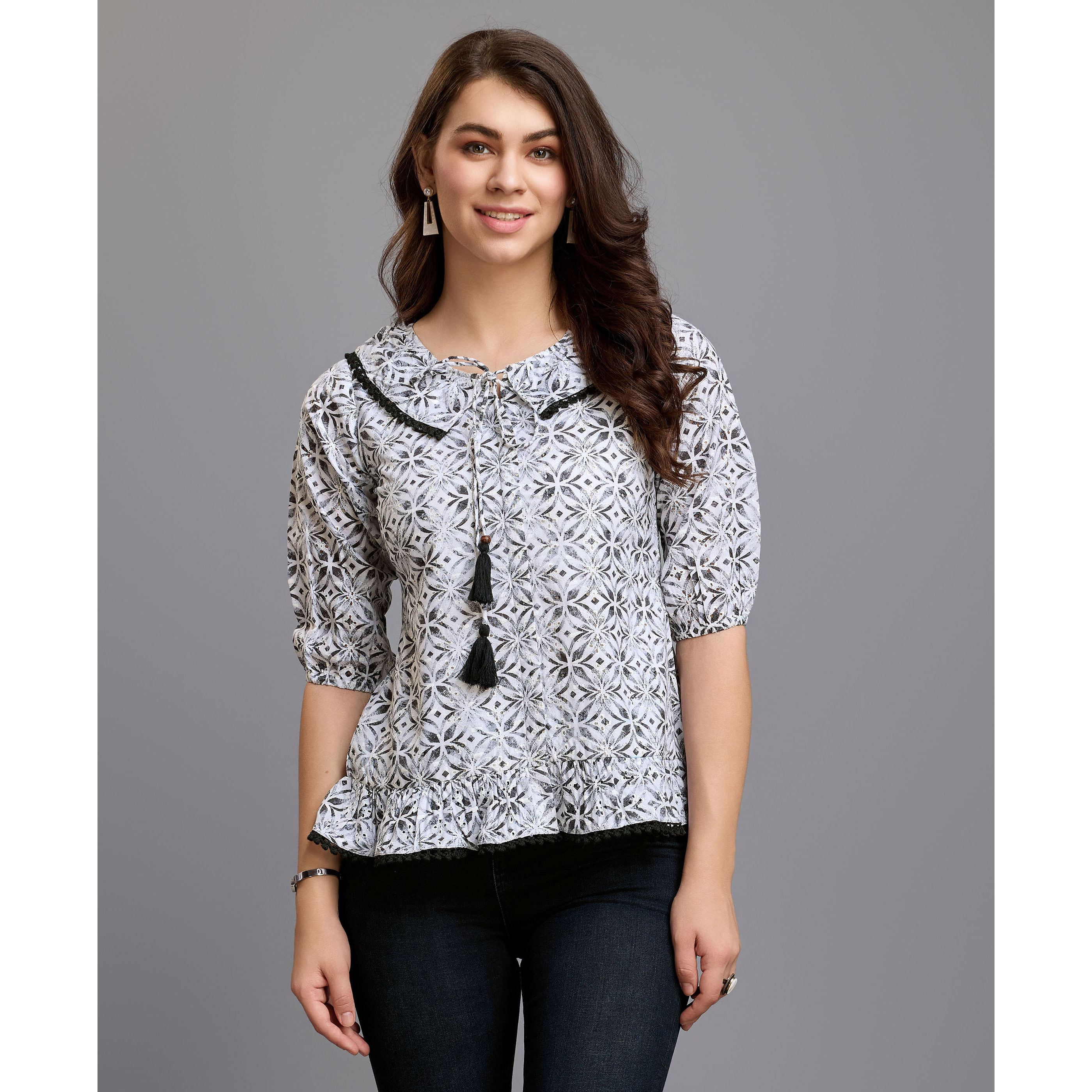 MOJILAA Women's Black Pure Cotton Blend Abstract Bored Schiffli Embroidered Drop Waist Top