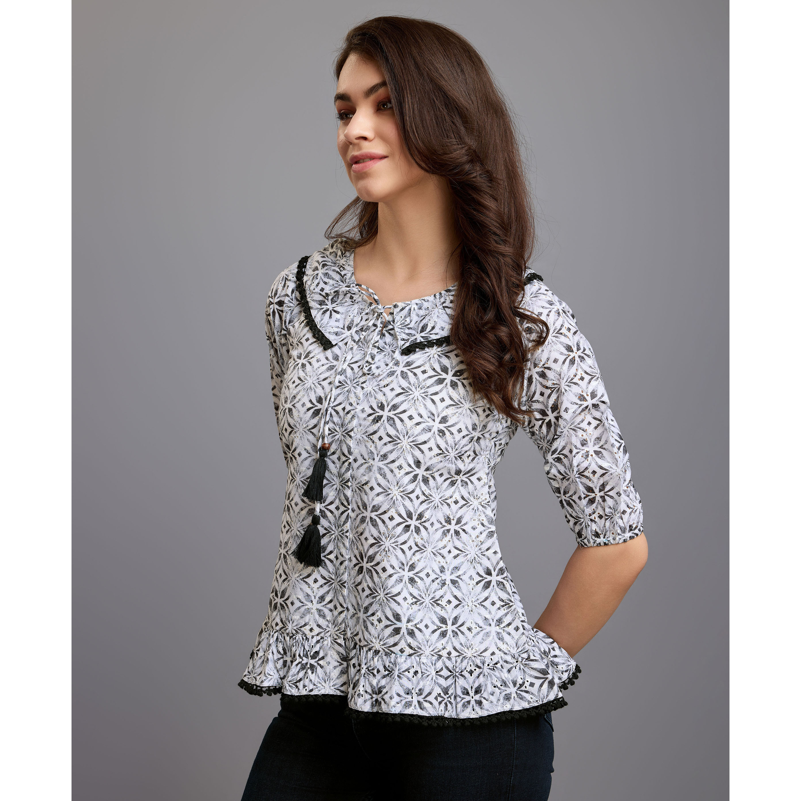 MOJILAA Women's Black Pure Cotton Blend Abstract Bored Schiffli Embroidered Drop Waist Top