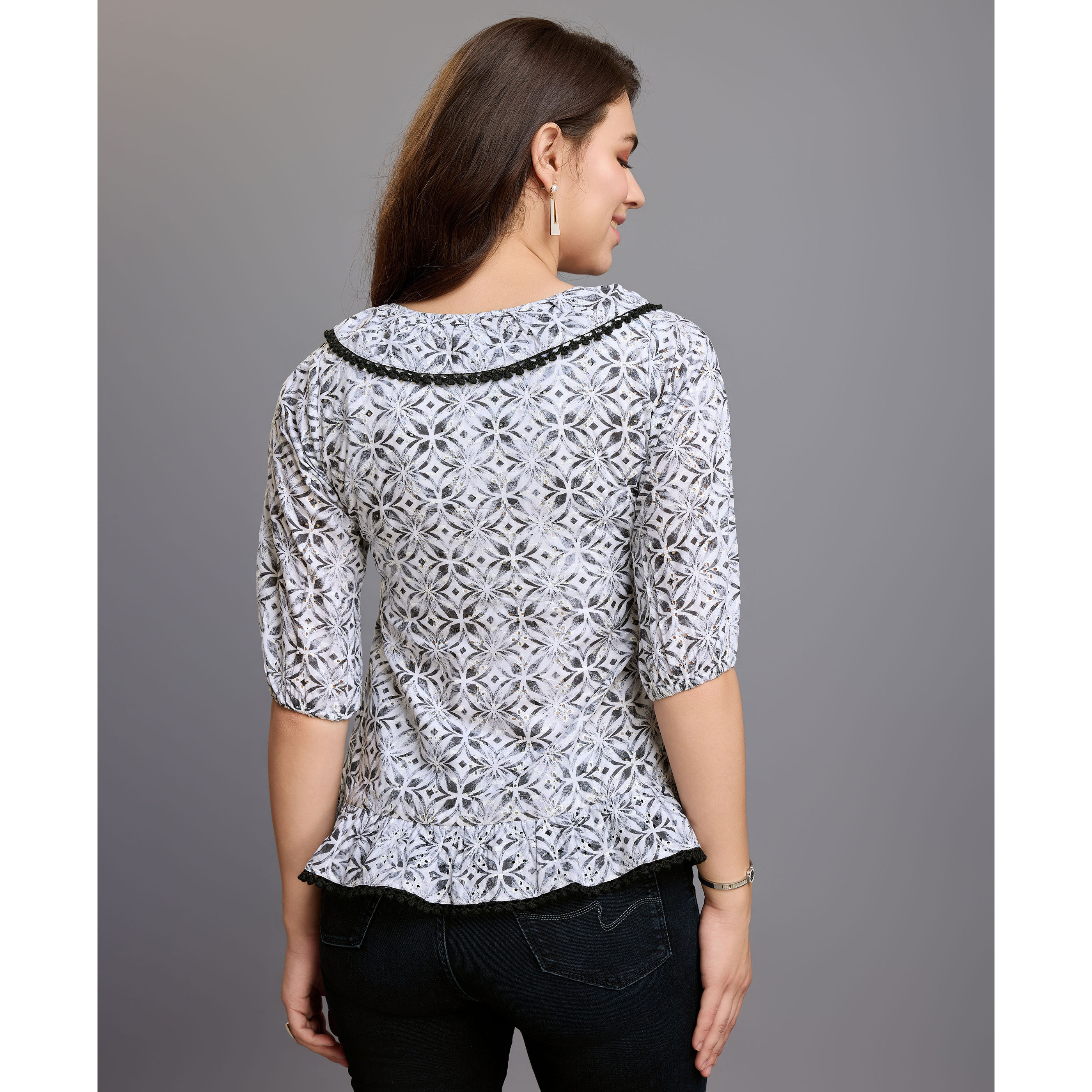 MOJILAA Women's Black Pure Cotton Blend Abstract Bored Schiffli Embroidered Drop Waist Top