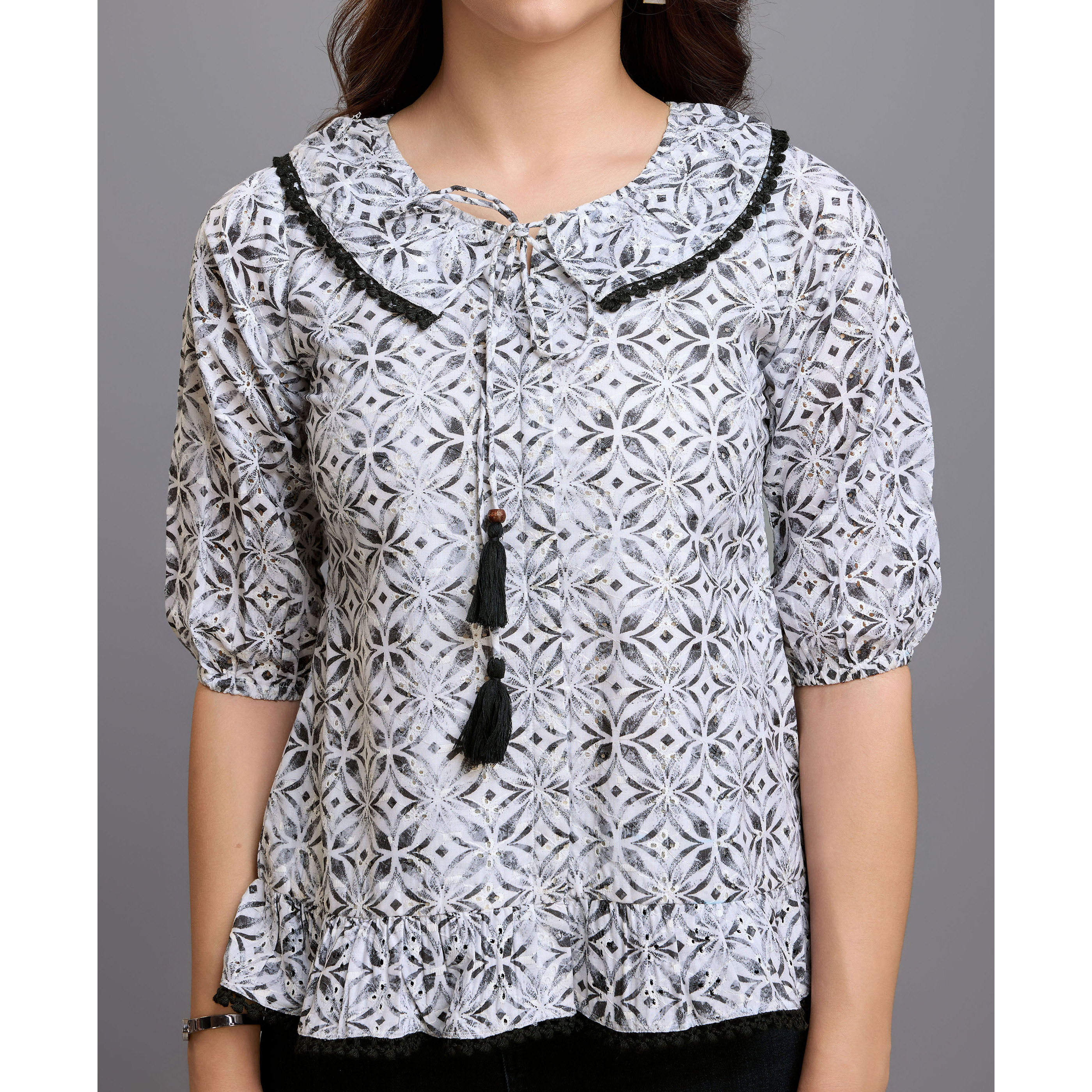 MOJILAA Women's Black Pure Cotton Blend Abstract Bored Schiffli Embroidered Drop Waist Top
