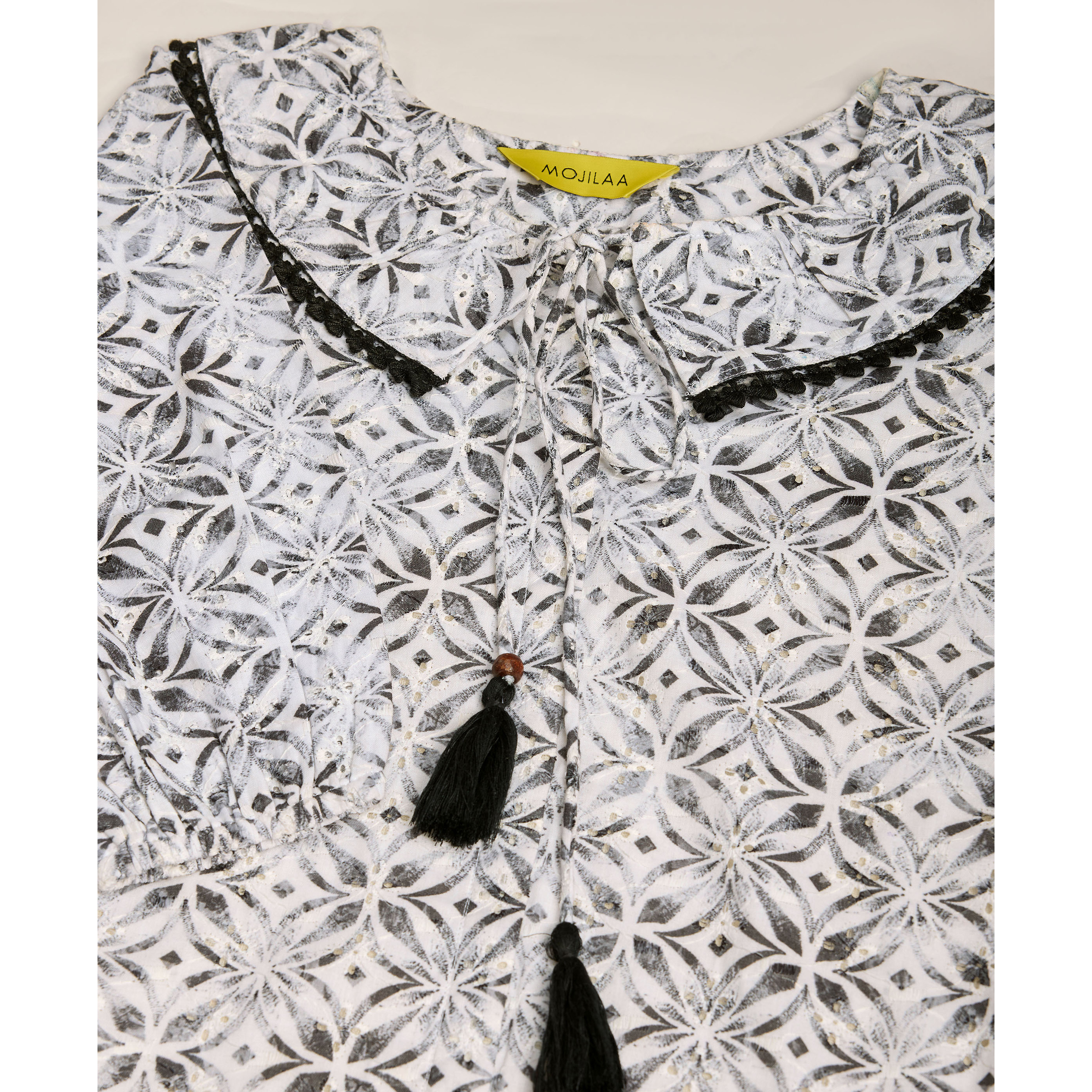 MOJILAA Women's Black Pure Cotton Blend Abstract Bored Schiffli Embroidered Drop Waist Top