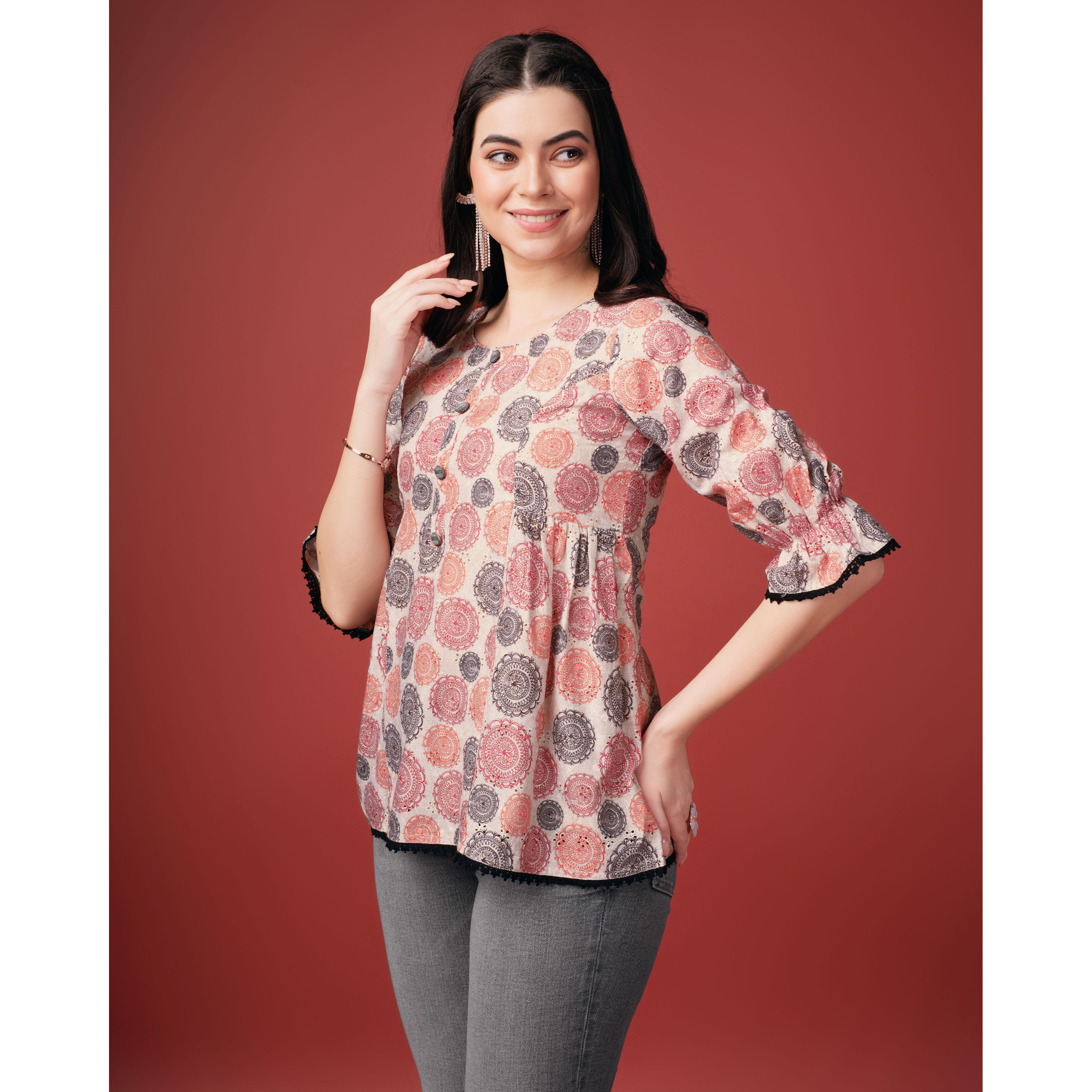 MOJILAA Women's Beige Pure Cotton Blend Geometric Bored Schiffli Embroidered A-line Top