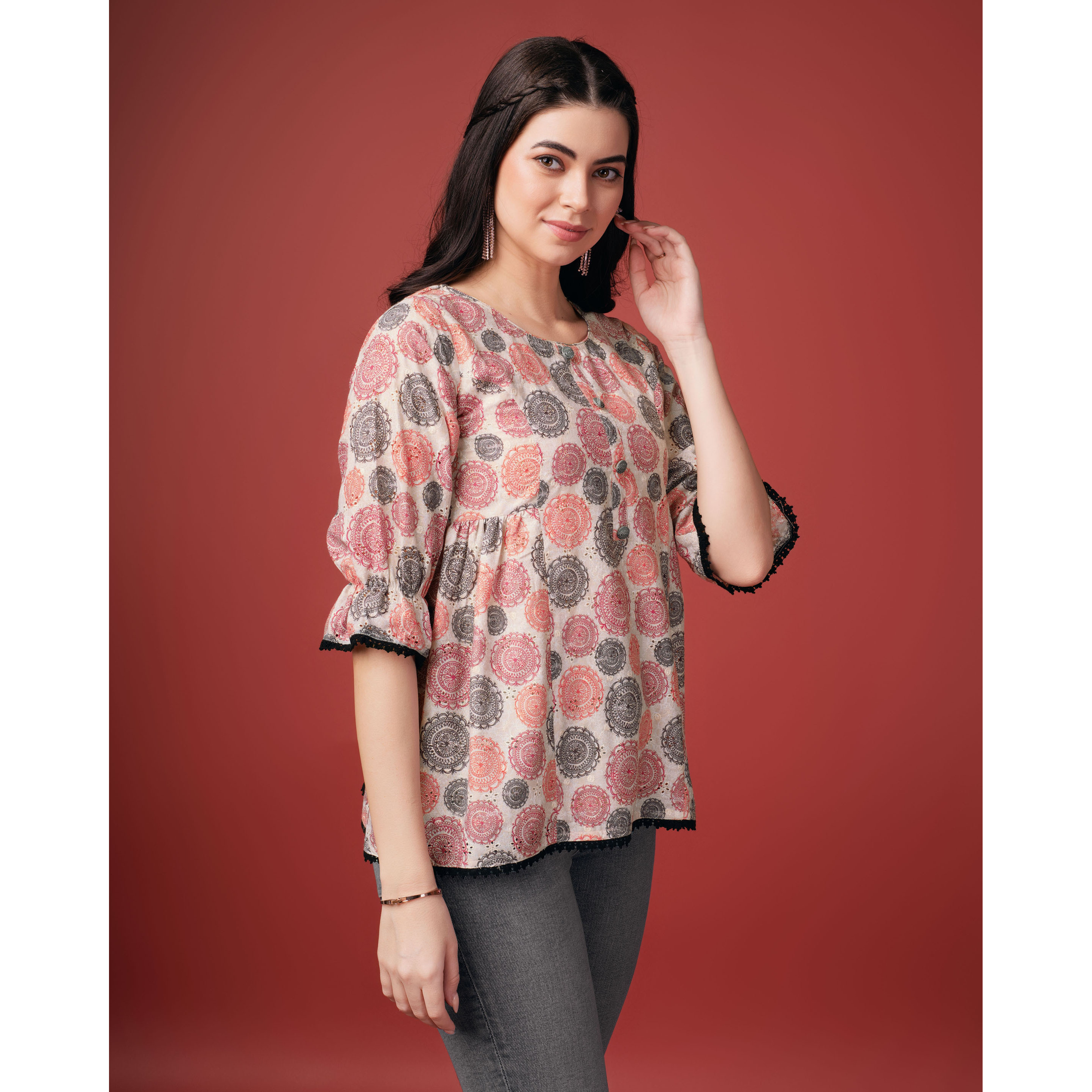 MOJILAA Women's Beige Pure Cotton Blend Geometric Bored Schiffli Embroidered A-line Top