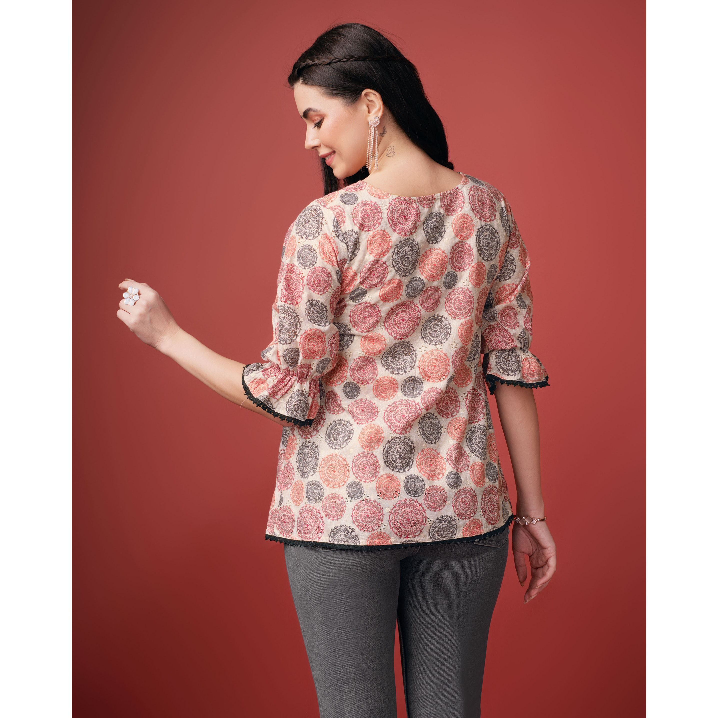 MOJILAA Women's Beige Pure Cotton Blend Geometric Bored Schiffli Embroidered A-line Top