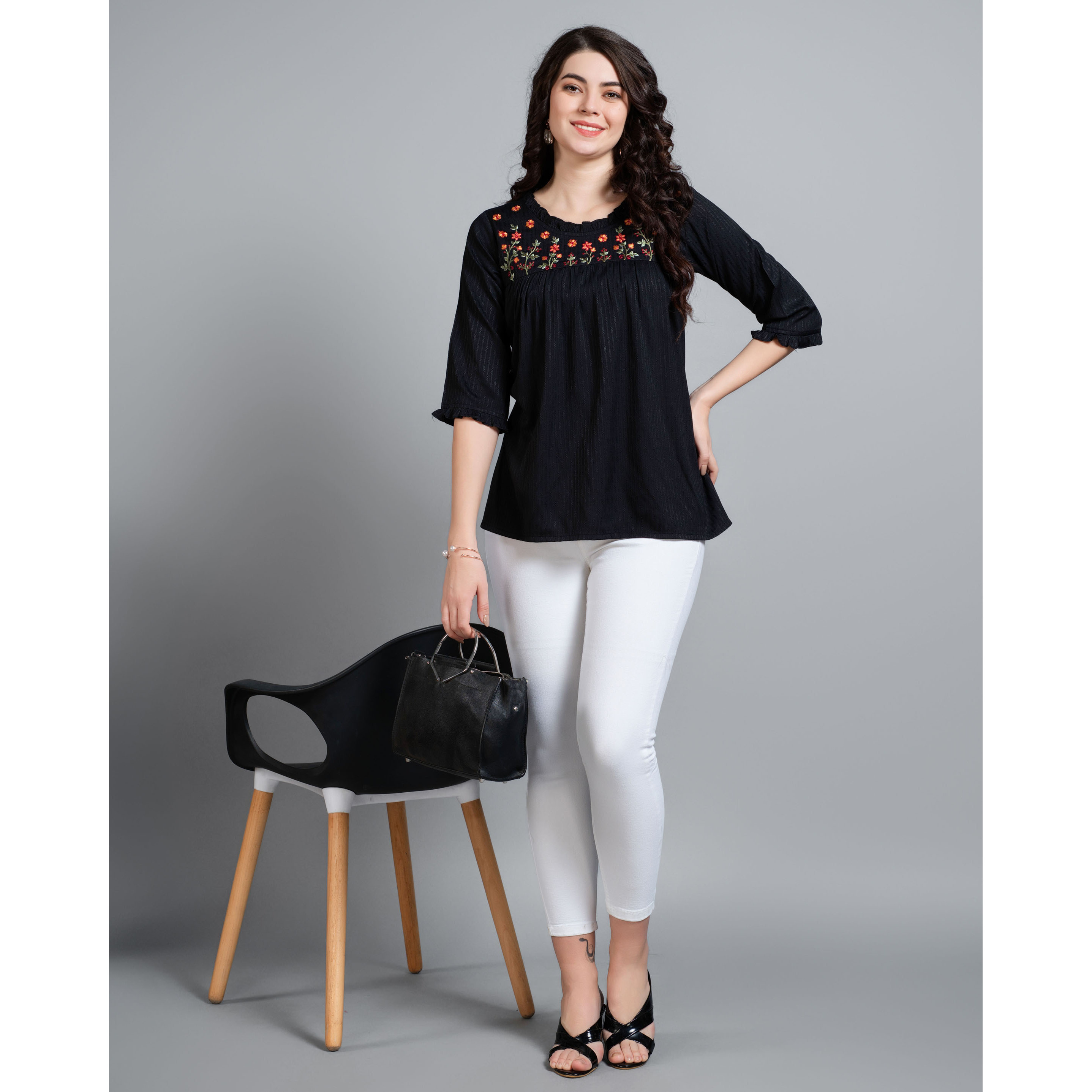 MOJILAA Women's Black Pure Viscose Rayon Floral Embroidered A-line Top