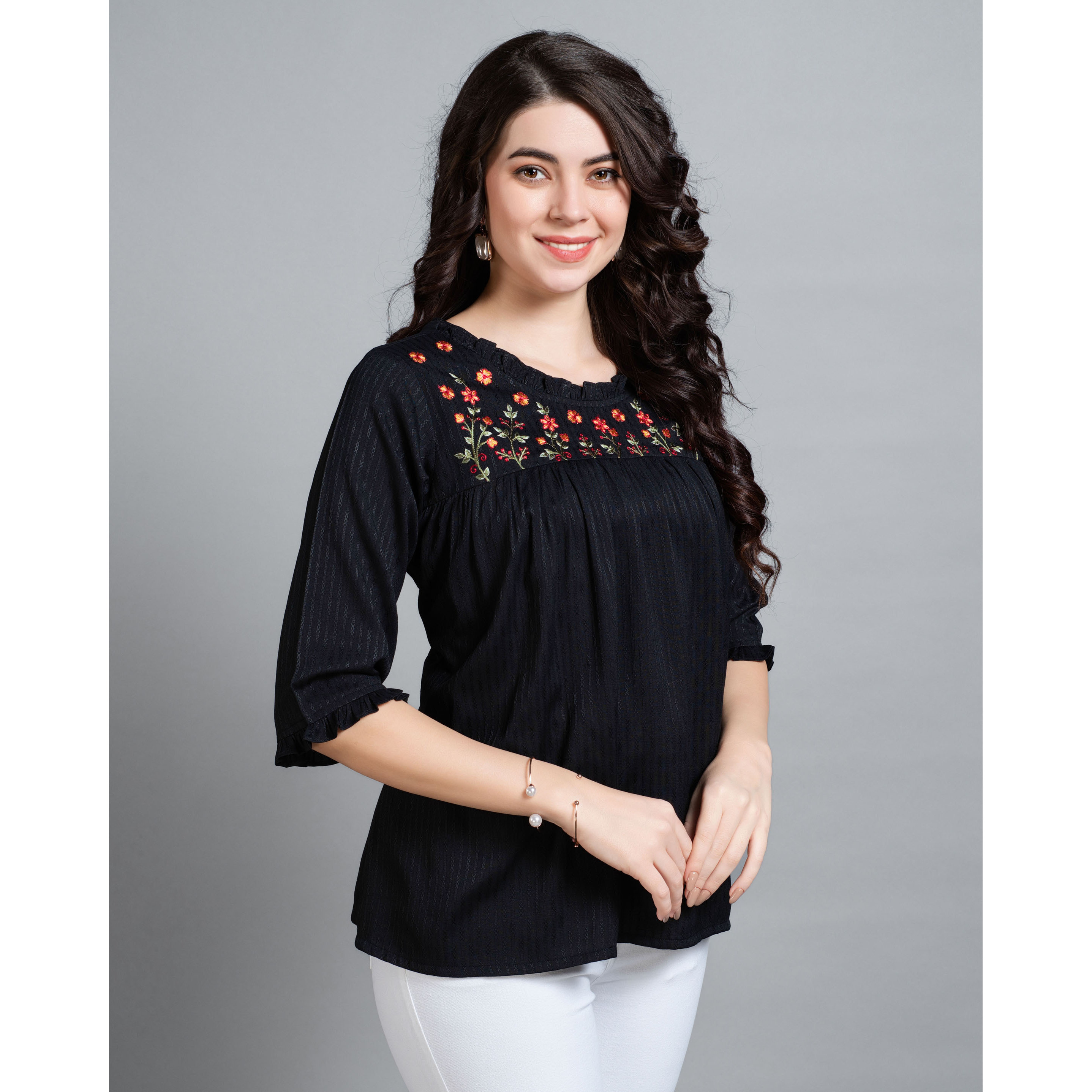 MOJILAA Women's Black Pure Viscose Rayon Floral Embroidered A-line Top
