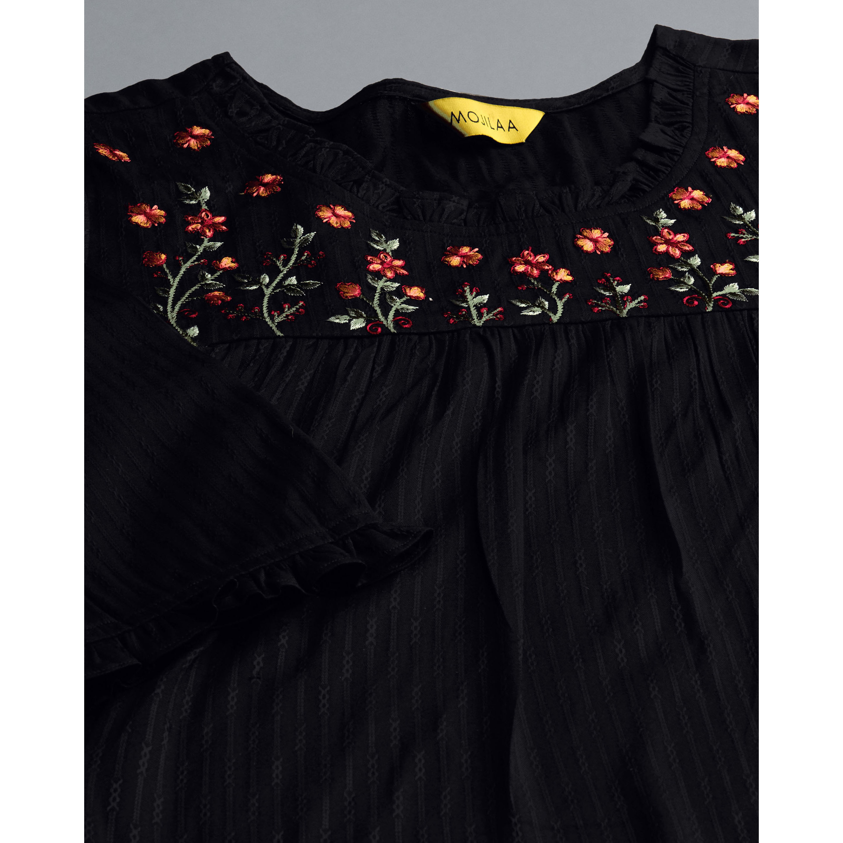 MOJILAA Women's Black Pure Viscose Rayon Floral Embroidered A-line Top