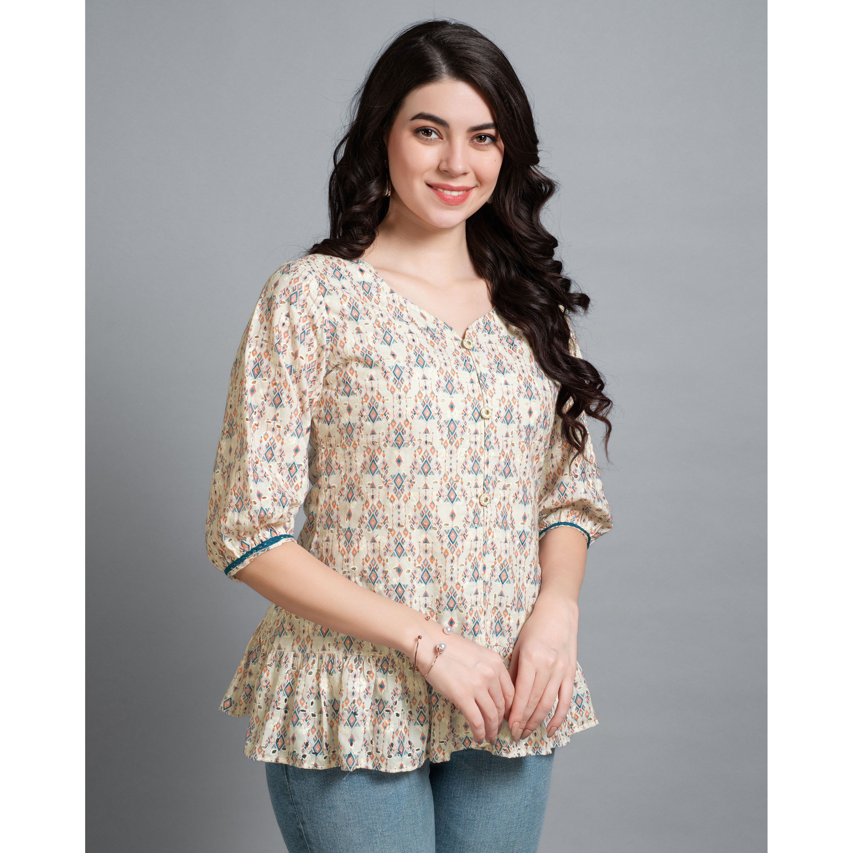 MOJILAA Women's Cream Pure Cotton Blend Geometric Bored Schiffli Embroidered Shirt Style Top