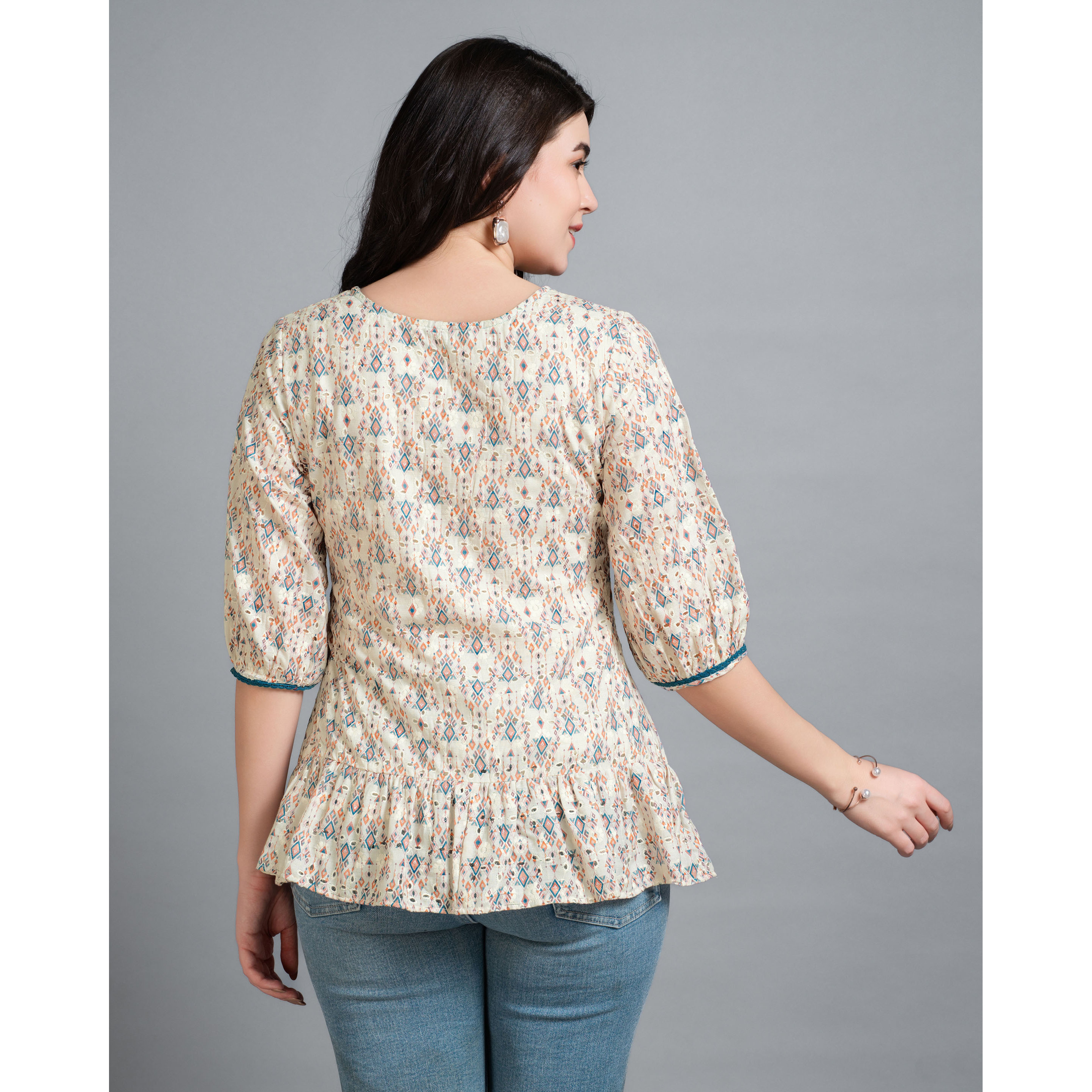 MOJILAA Women's Cream Pure Cotton Blend Geometric Bored Schiffli Embroidered Shirt Style Top