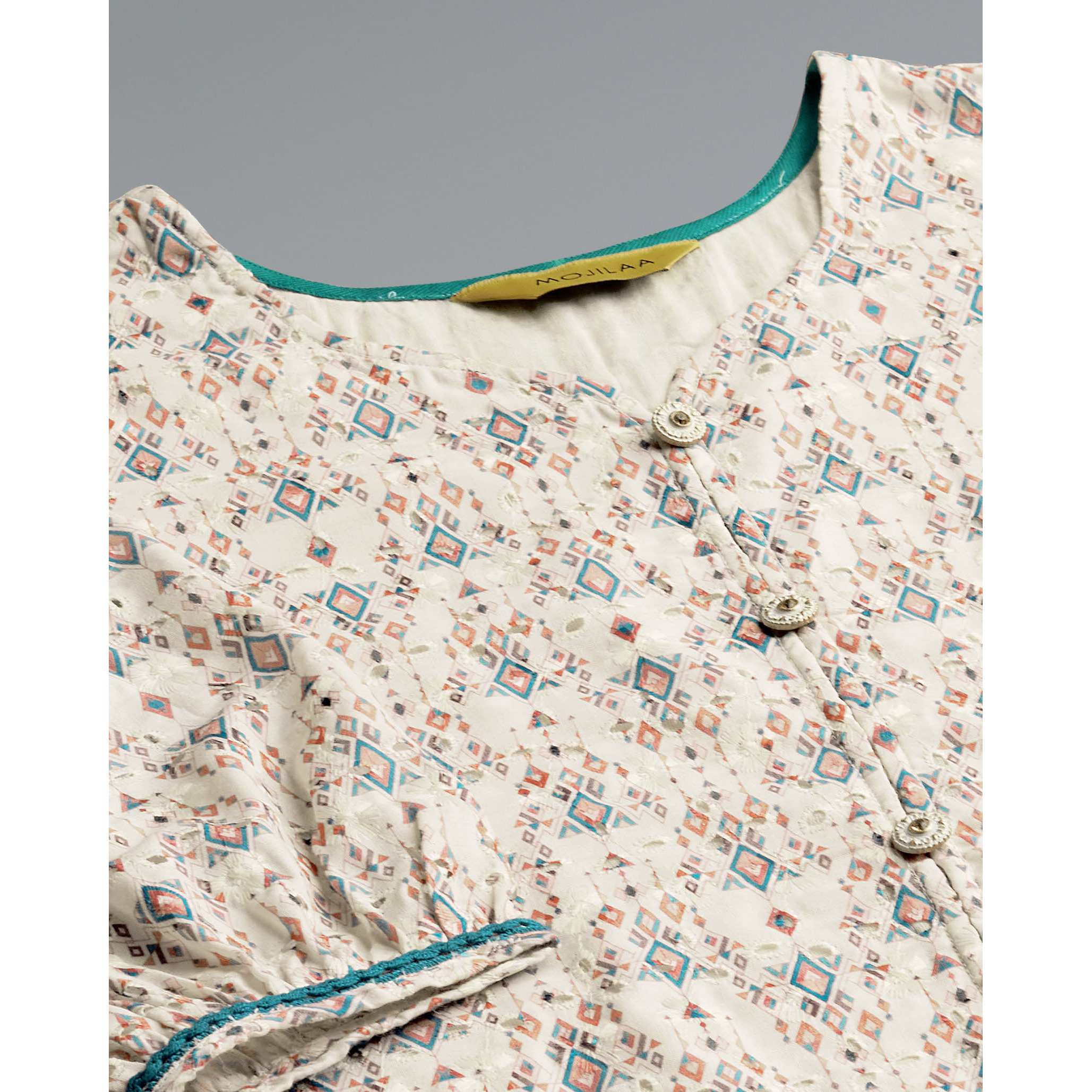 MOJILAA Women's Cream Pure Cotton Blend Geometric Bored Schiffli Embroidered Shirt Style Top
