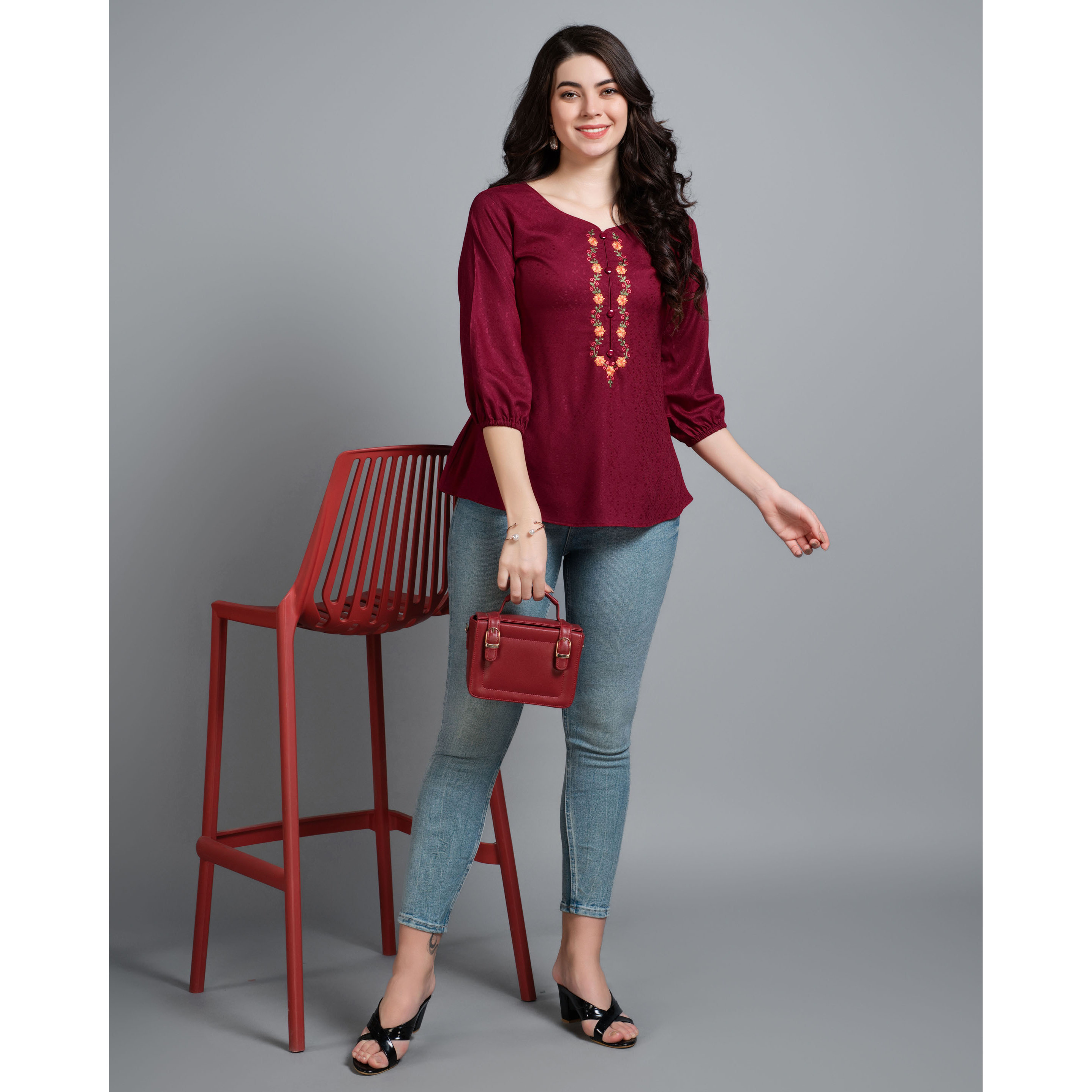MOJILAA Women's Maroon Pure Viscose Rayon Floral Embroidered A-line Top