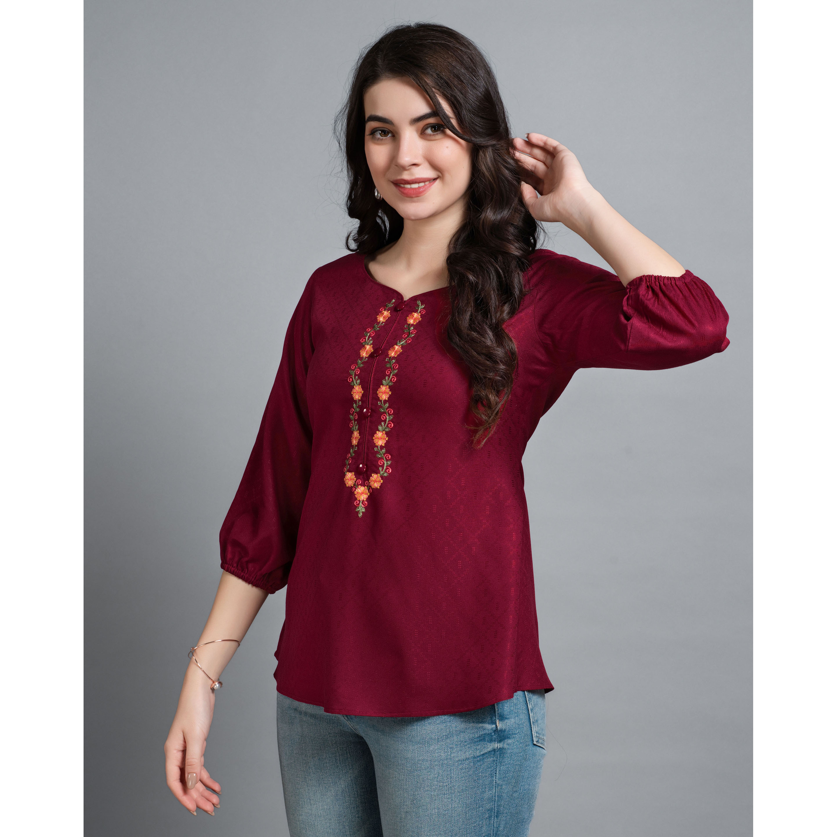 MOJILAA Women's Maroon Pure Viscose Rayon Floral Embroidered A-line Top