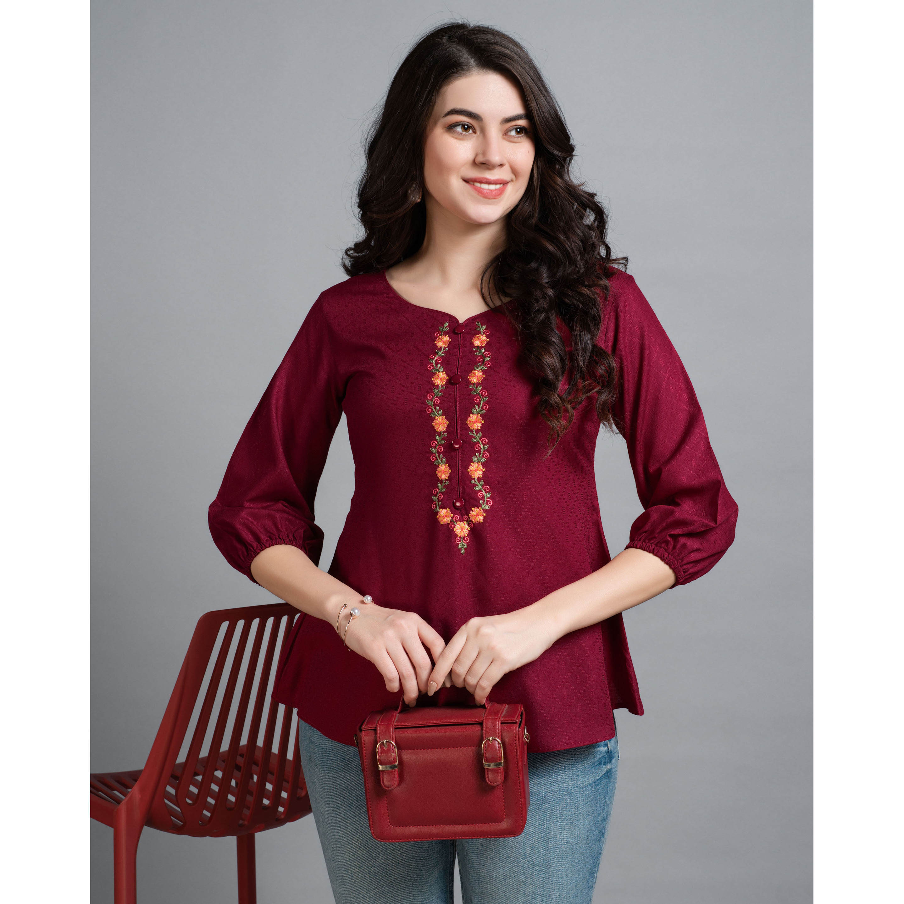 MOJILAA Women's Maroon Pure Viscose Rayon Floral Embroidered A-line Top
