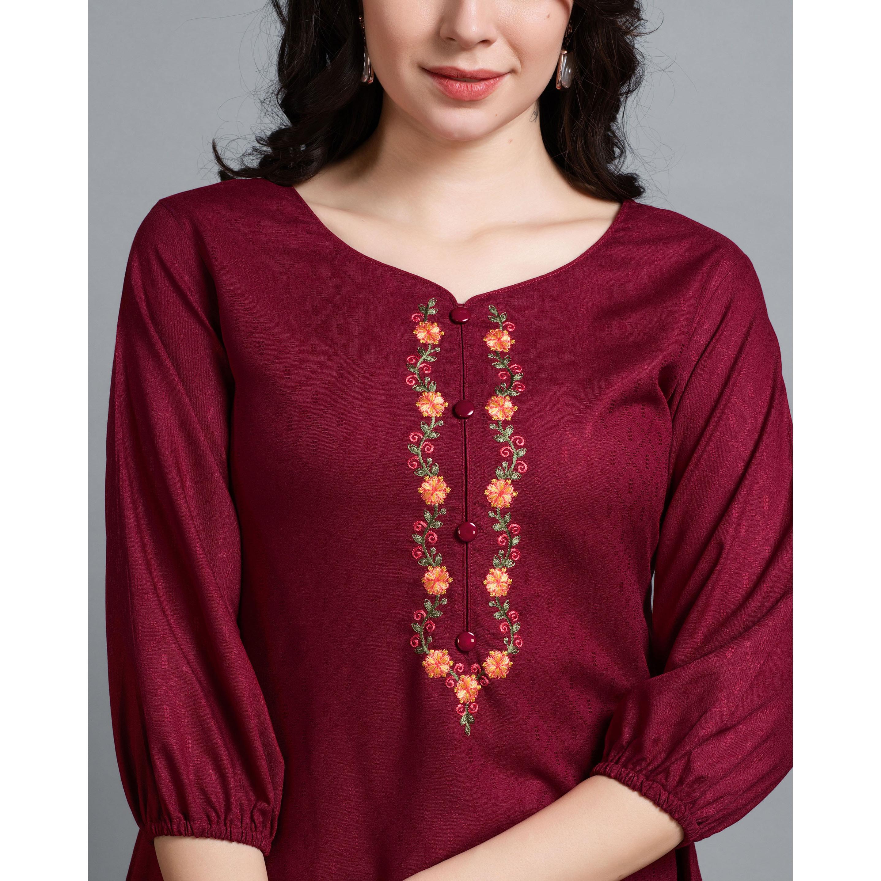 MOJILAA Women's Maroon Pure Viscose Rayon Floral Embroidered A-line Top