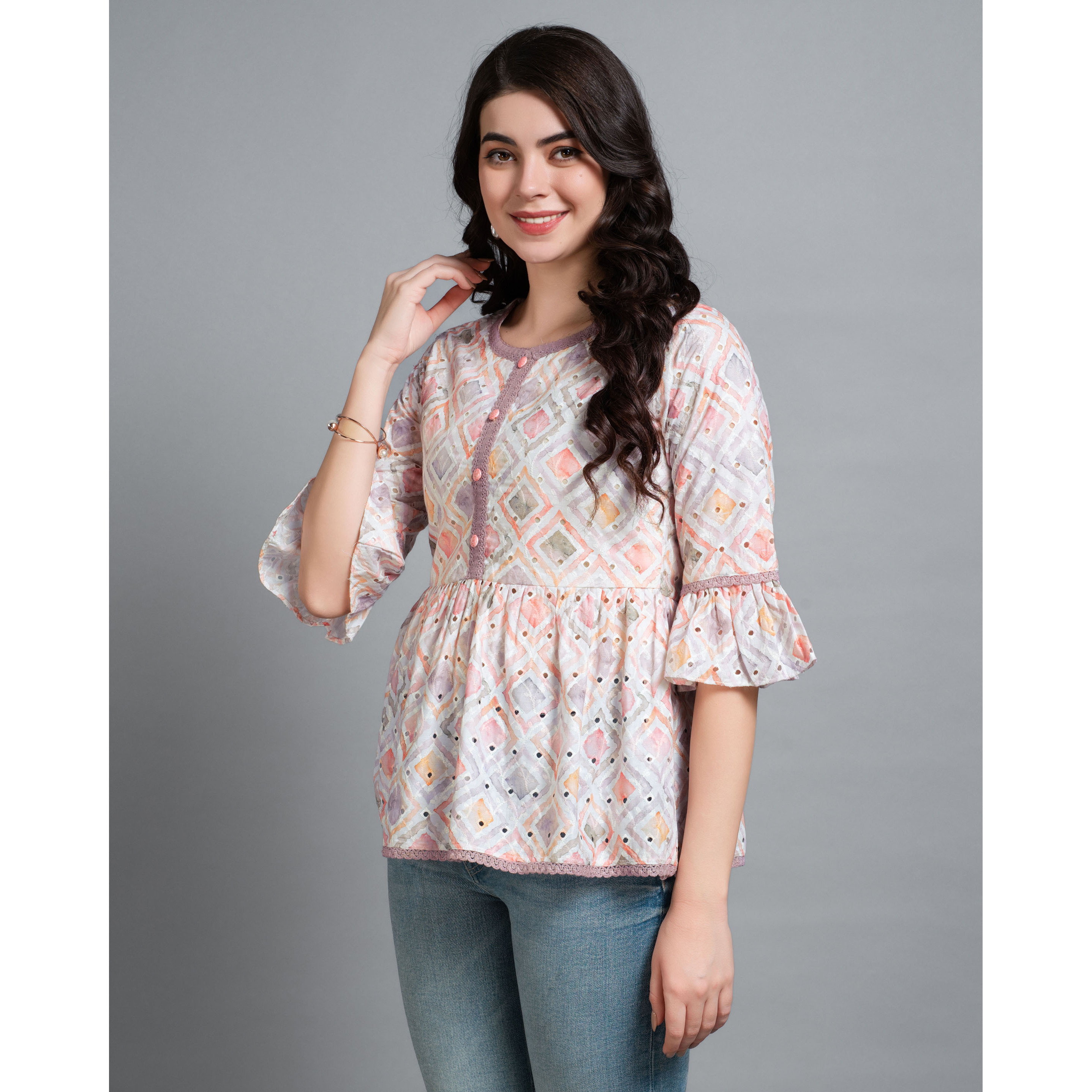 MOJILAA Women's Mauve Pure Cotton Blend Abstract Bored Schiffli Embroidered Peplum Top