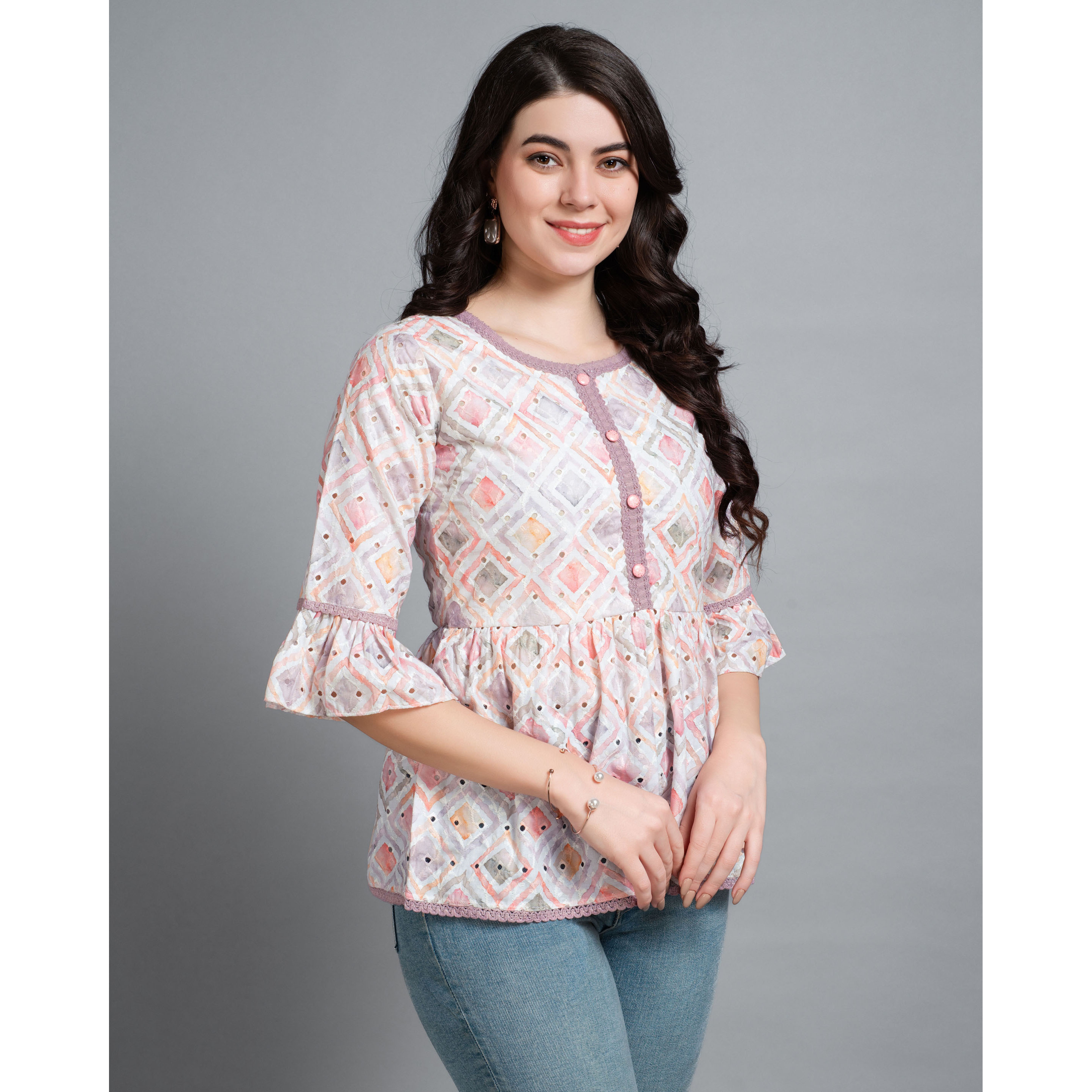 MOJILAA Women's Mauve Pure Cotton Blend Abstract Bored Schiffli Embroidered Peplum Top