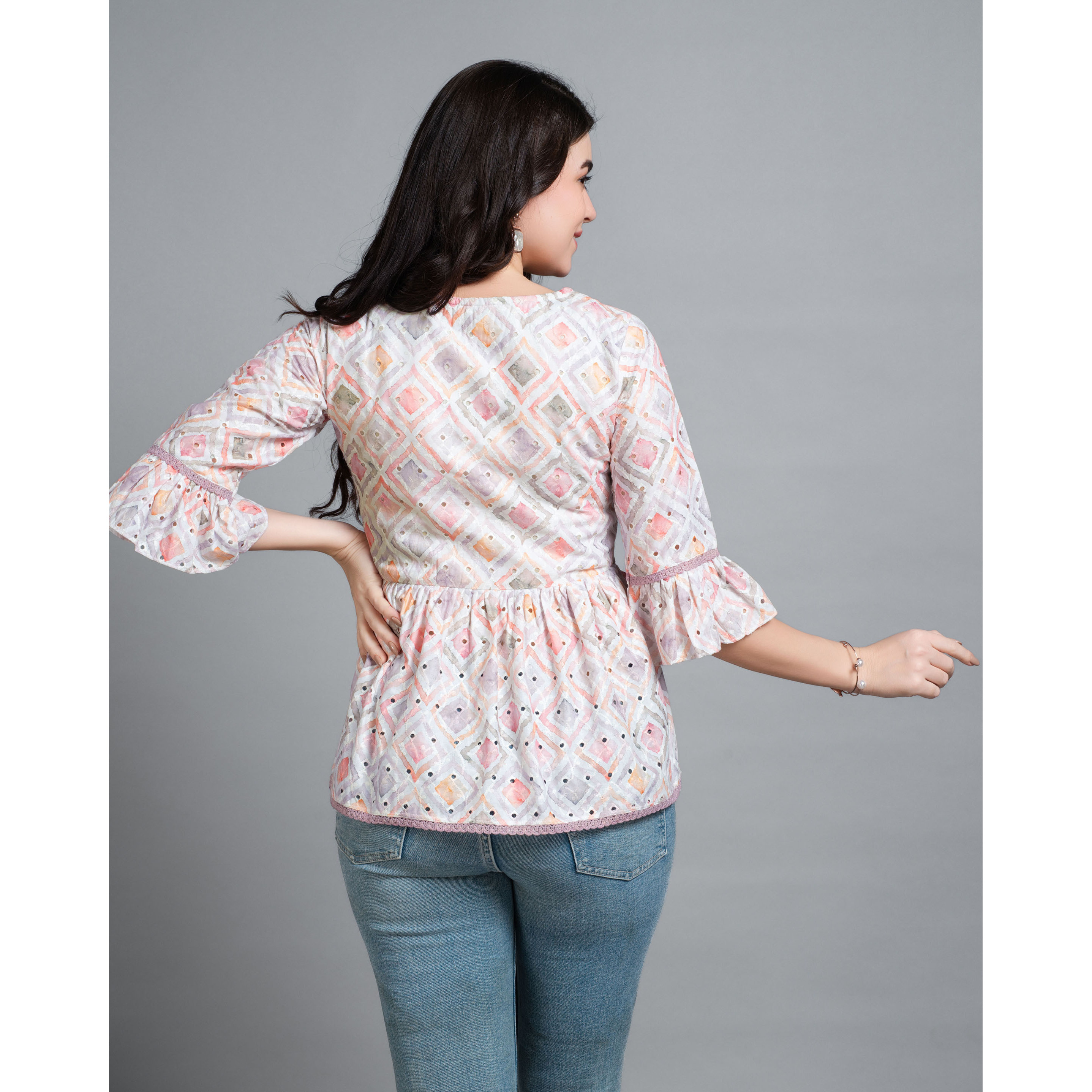 MOJILAA Women's Mauve Pure Cotton Blend Abstract Bored Schiffli Embroidered Peplum Top